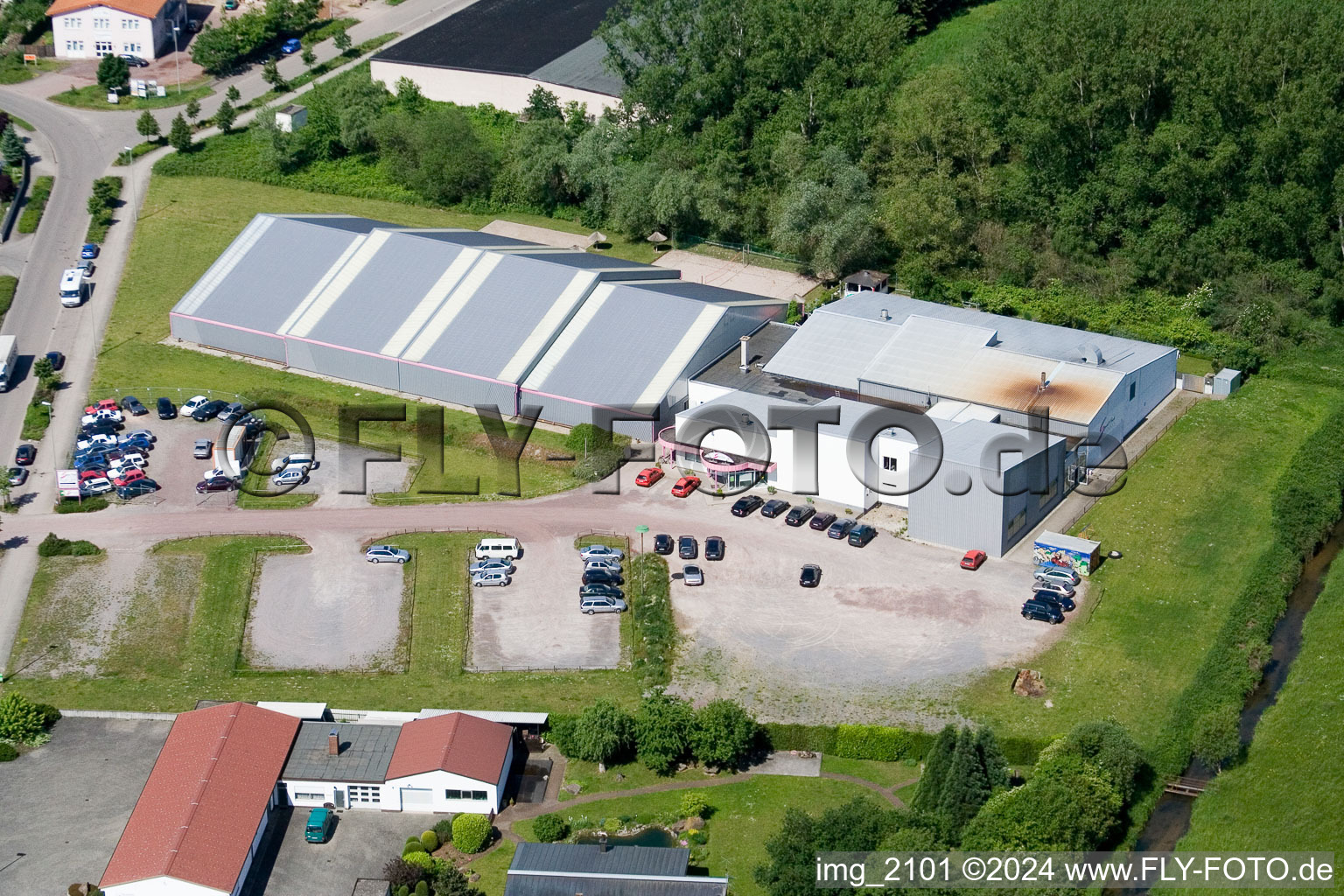 Aerial view of Sports park in the district Minderslachen in Kandel in the state Rhineland-Palatinate, Germany