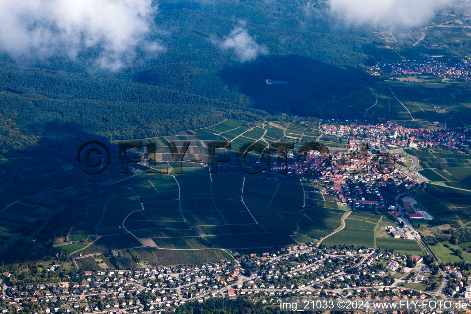 From the south in Wissembourg in the state Bas-Rhin, France from above