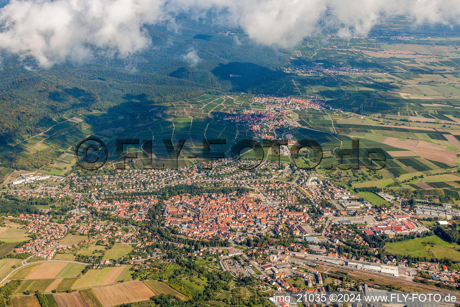 Aerial view of Town View of the streets and houses of the residential areas in Wissembourg in Grand Est, France