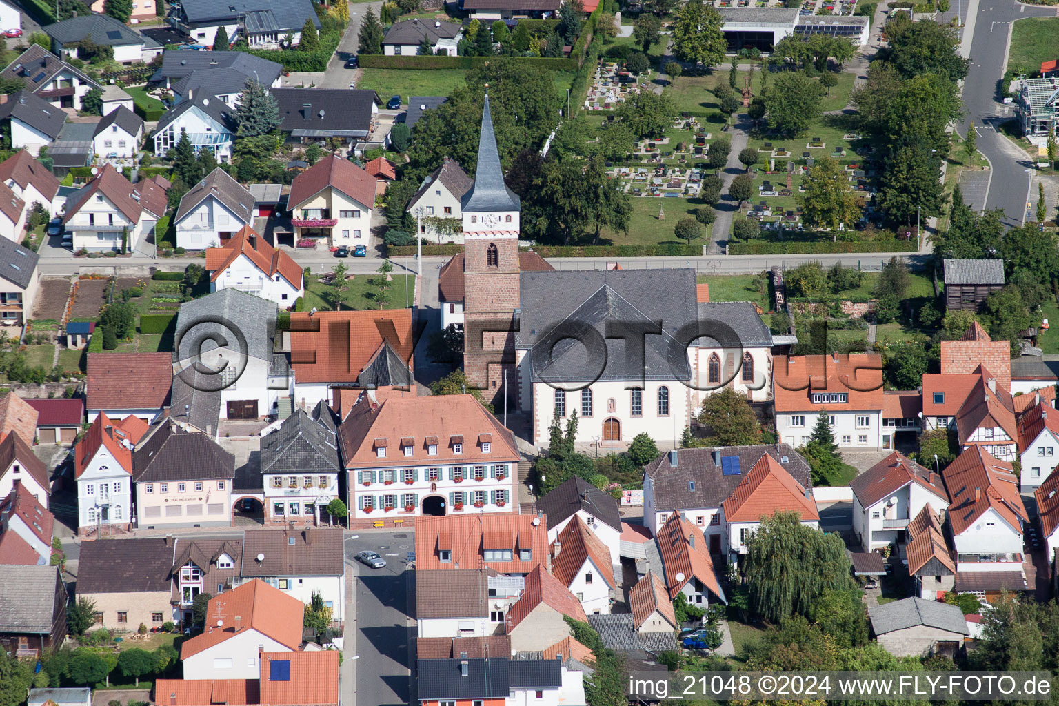 Aerial view of Church from the south in the district Schaidt in Wörth am Rhein in the state Rhineland-Palatinate, Germany