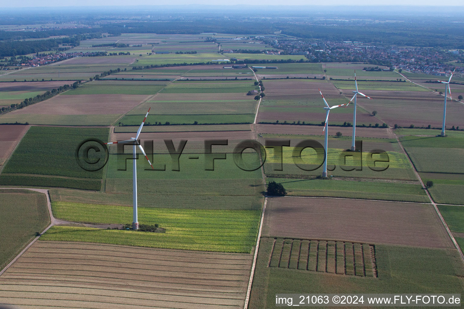 Wind turbines in Minfeld in the state Rhineland-Palatinate, Germany out of the air