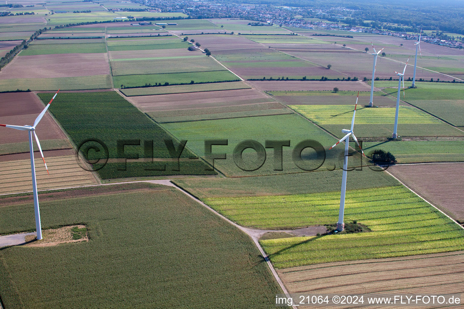 Wind turbines in Minfeld in the state Rhineland-Palatinate, Germany seen from above