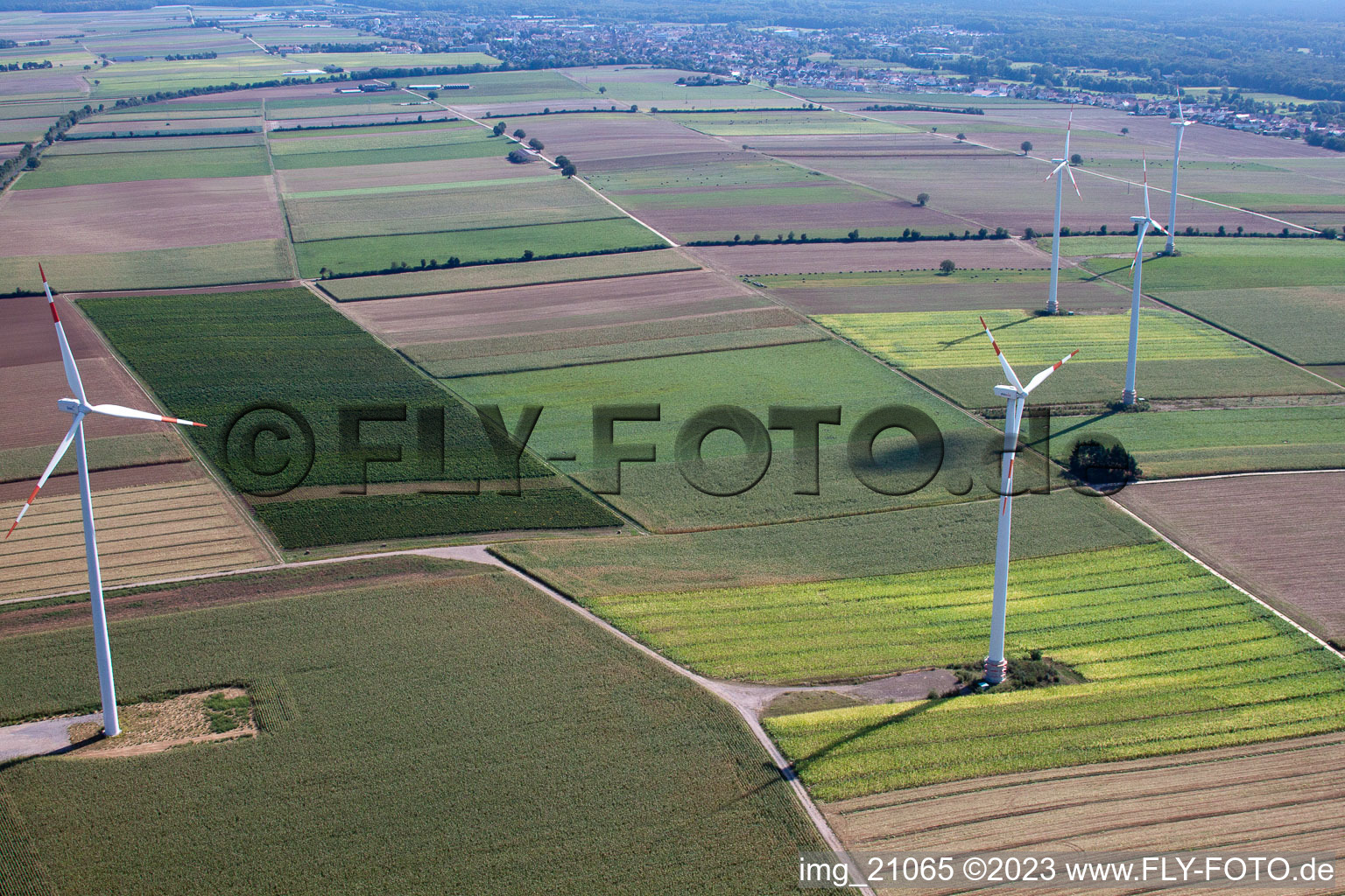 Wind turbines in Minfeld in the state Rhineland-Palatinate, Germany from the plane
