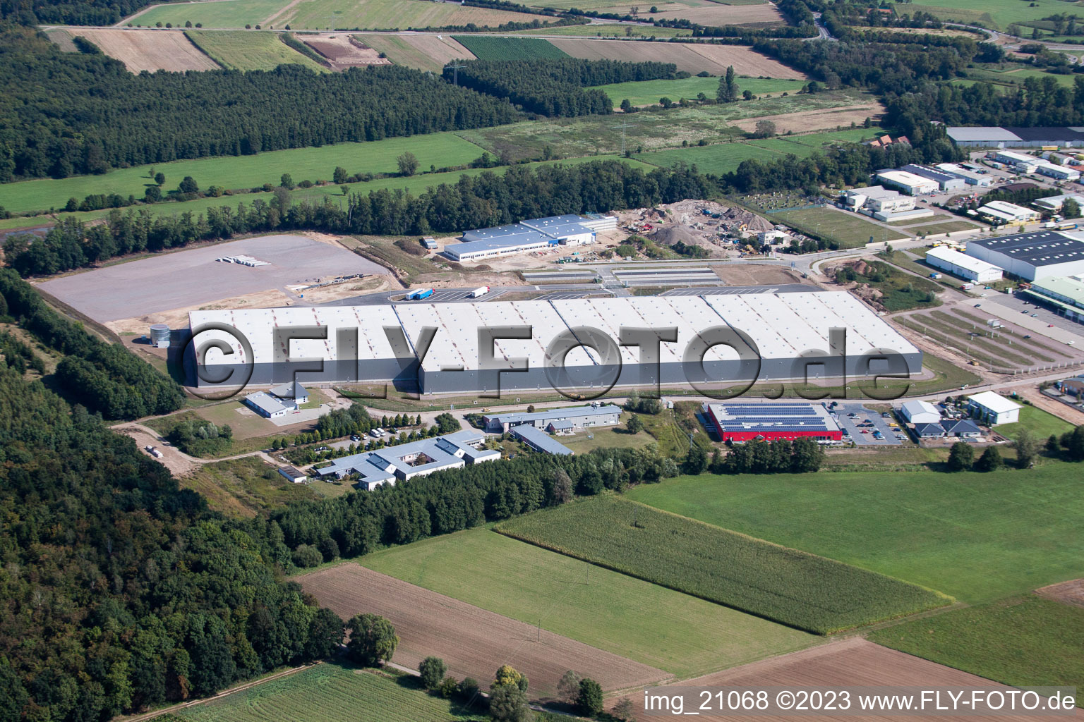 Coincidence logistics center in the district Minderslachen in Kandel in the state Rhineland-Palatinate, Germany from the drone perspective