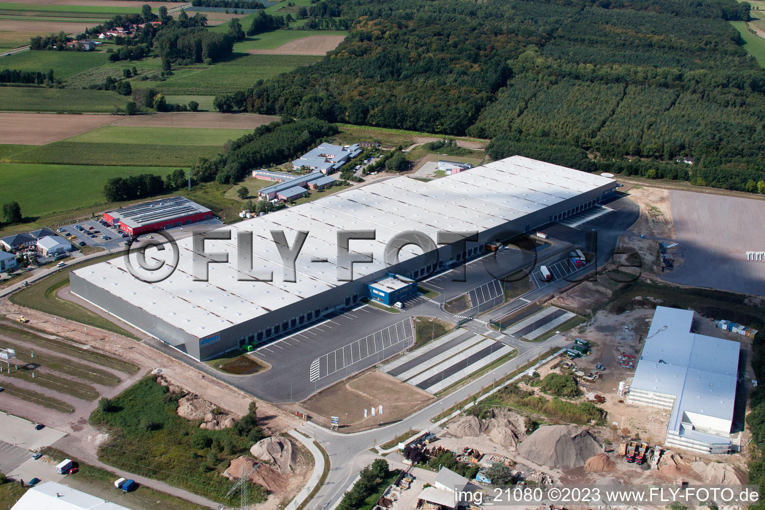 Coincidence logistics center in the district Minderslachen in Kandel in the state Rhineland-Palatinate, Germany seen from a drone