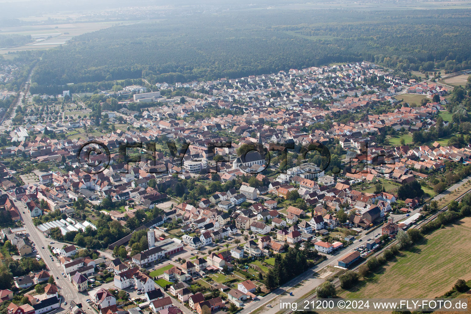 Aerial view of Town View of the streets and houses of the residential areas in Ruelzheim in the state Rhineland-Palatinate, Germany