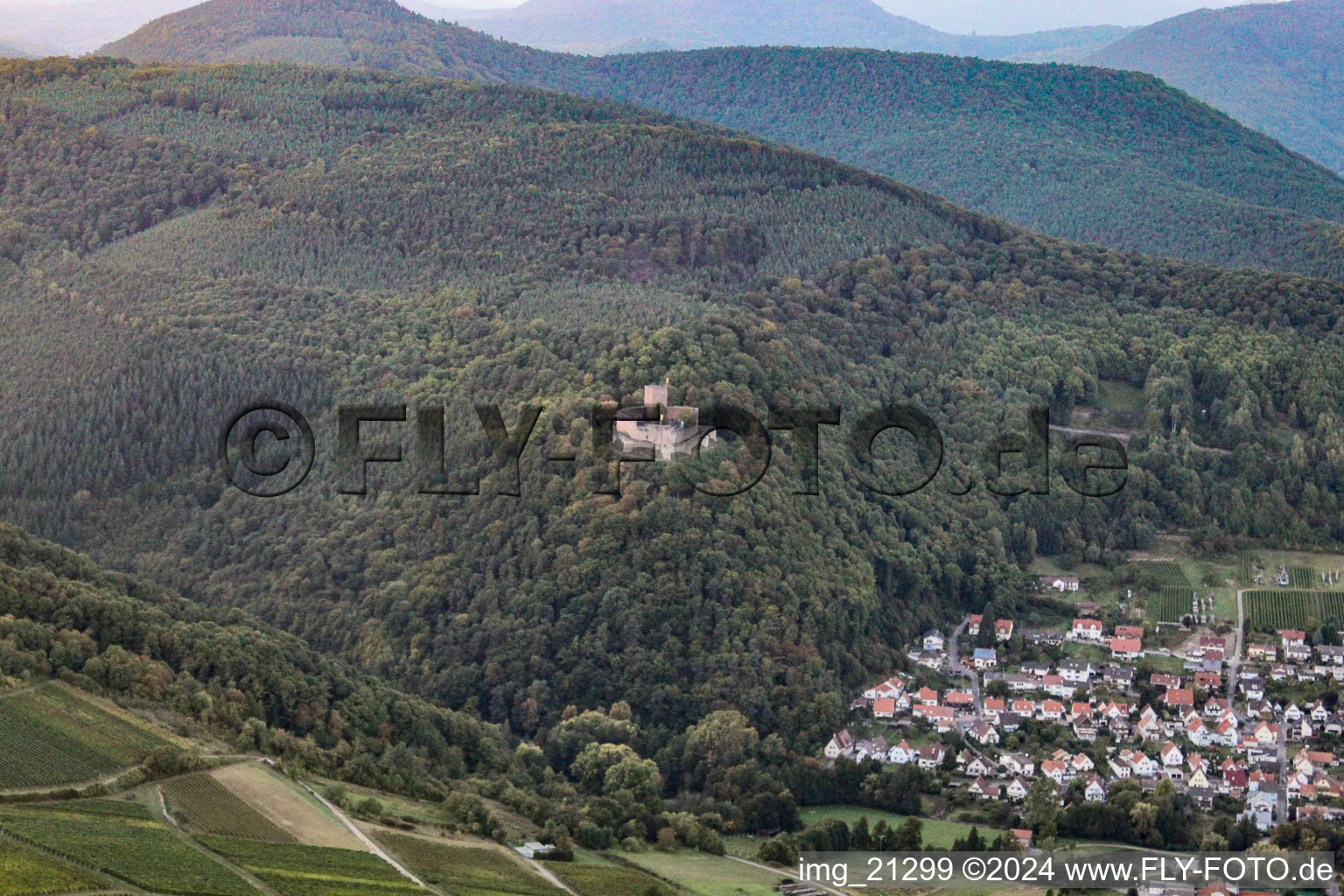 Aerial view of Landeck Castle in Klingenmünster in the state Rhineland-Palatinate, Germany