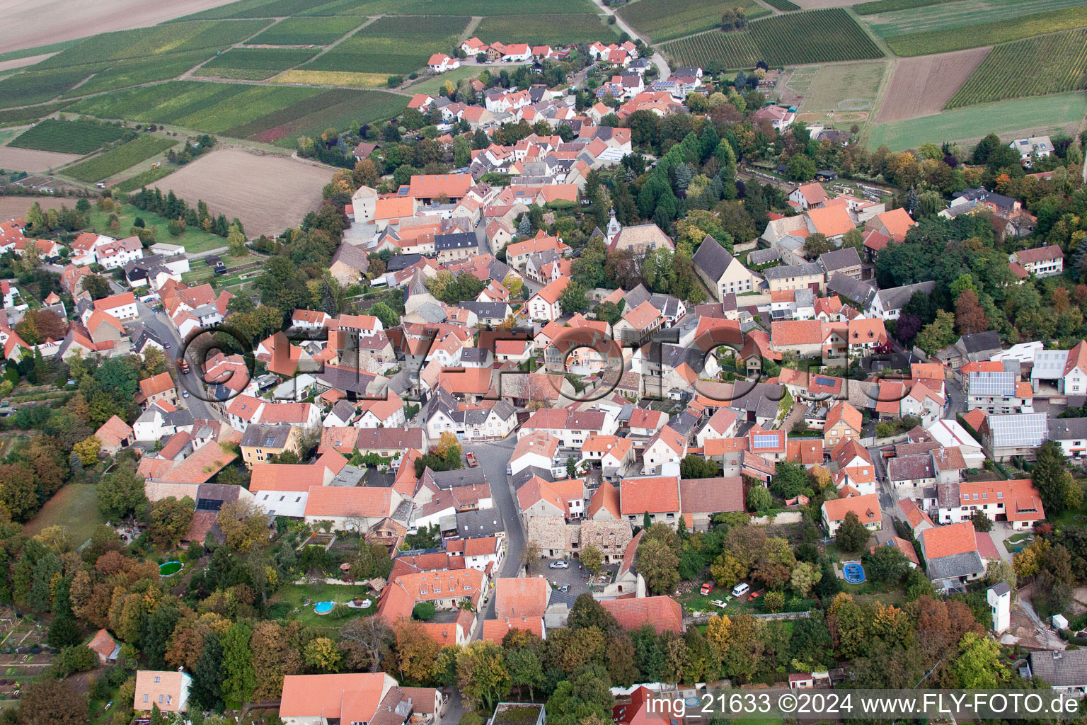 Village - view on the edge of agricultural fields and farmland in Eppelsheim in the state Rhineland-Palatinate