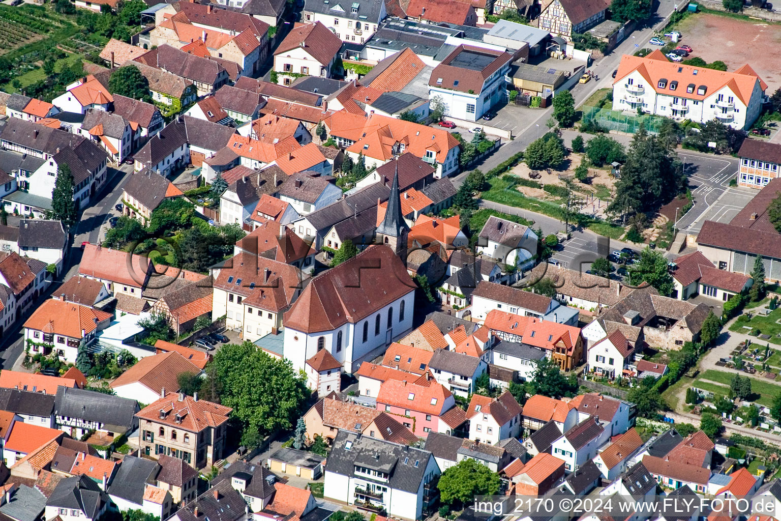 Aerial view of Church building in the village of in the district Diedesfeld in Neustadt an der Weinstrasse in the state Rhineland-Palatinate