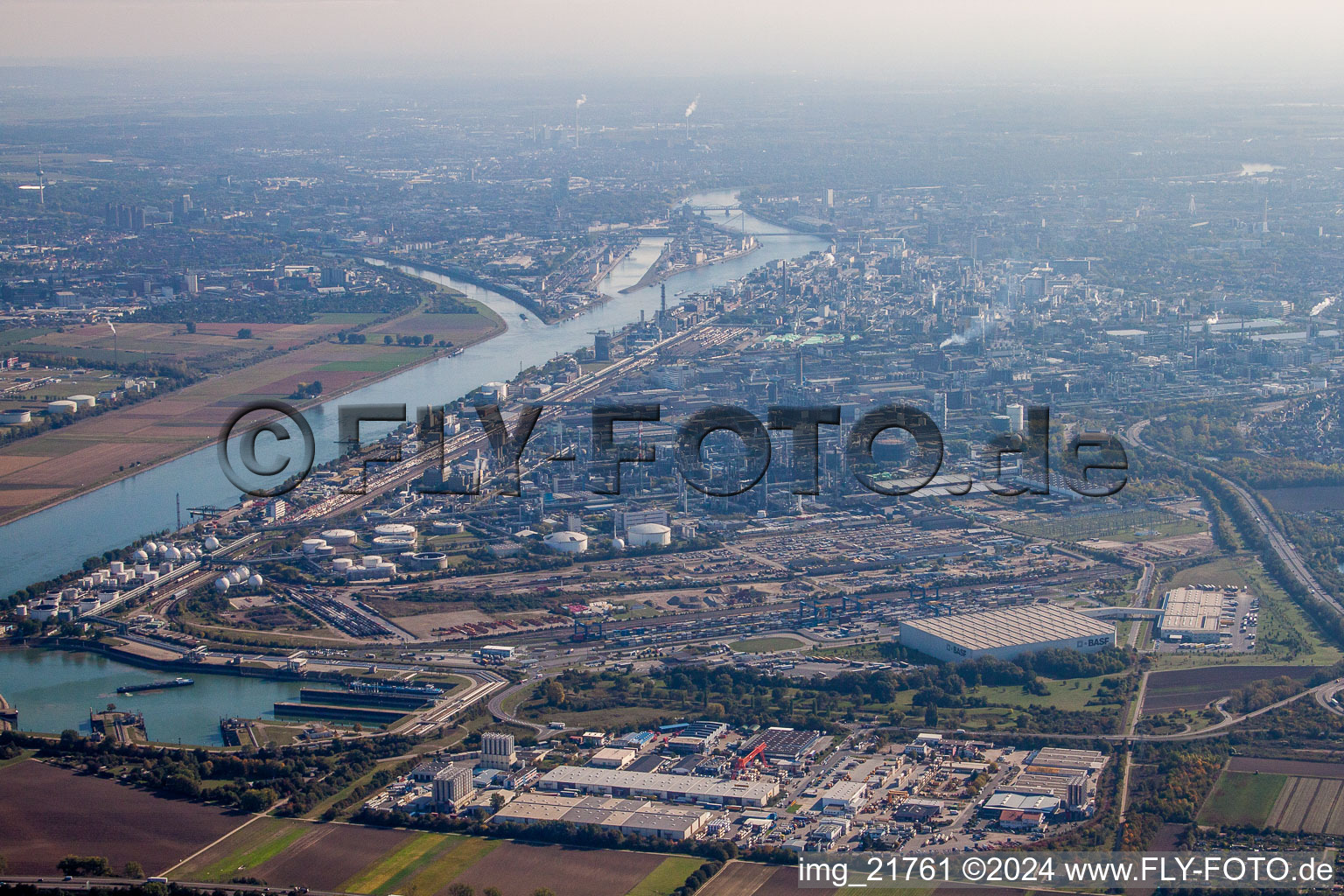 Aerial view of Building and production halls on the premises of the chemical manufacturers BASF (nothern door 15 at cargo rail terminal) in Ludwigshafen am Rhein in the state Rhineland-Palatinate, Germany