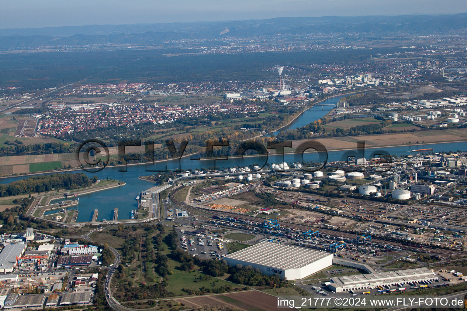 District BASF in Ludwigshafen am Rhein in the state Rhineland-Palatinate, Germany seen from above