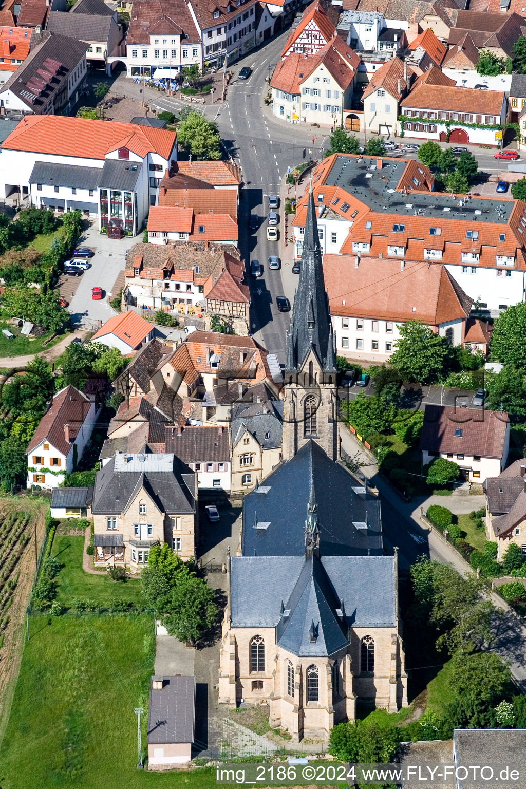 Aerial view of Church building in the village of in Maikammer in the state Rhineland-Palatinate