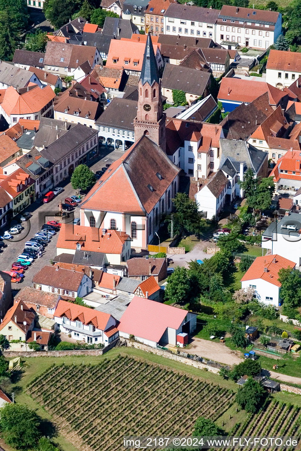 Church building of St. John's Church in the village center in Edenkoben in the state Rhineland-Palatinate, Germany