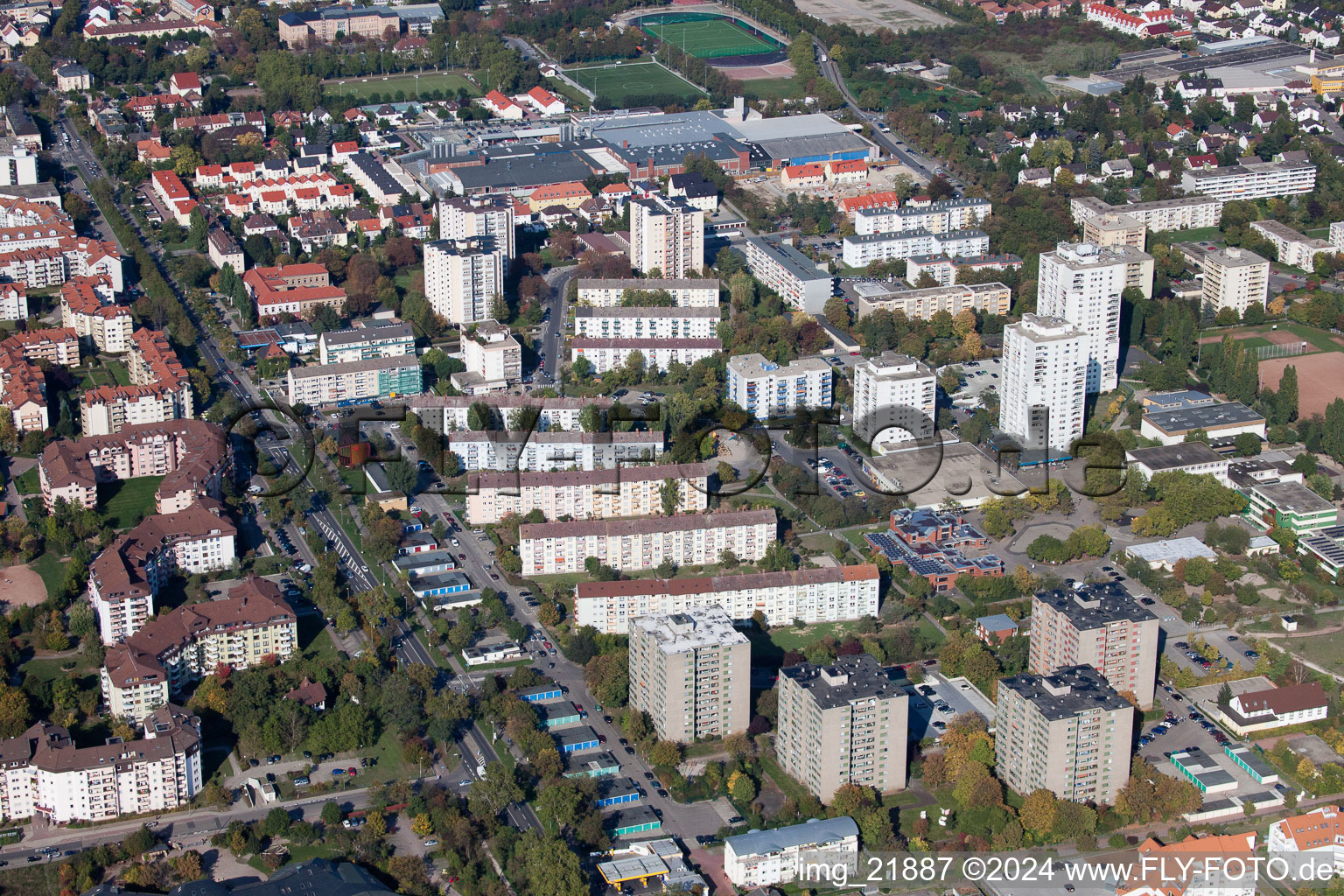 Aerial view of Mahlastr in Frankenthal in the state Rhineland-Palatinate, Germany