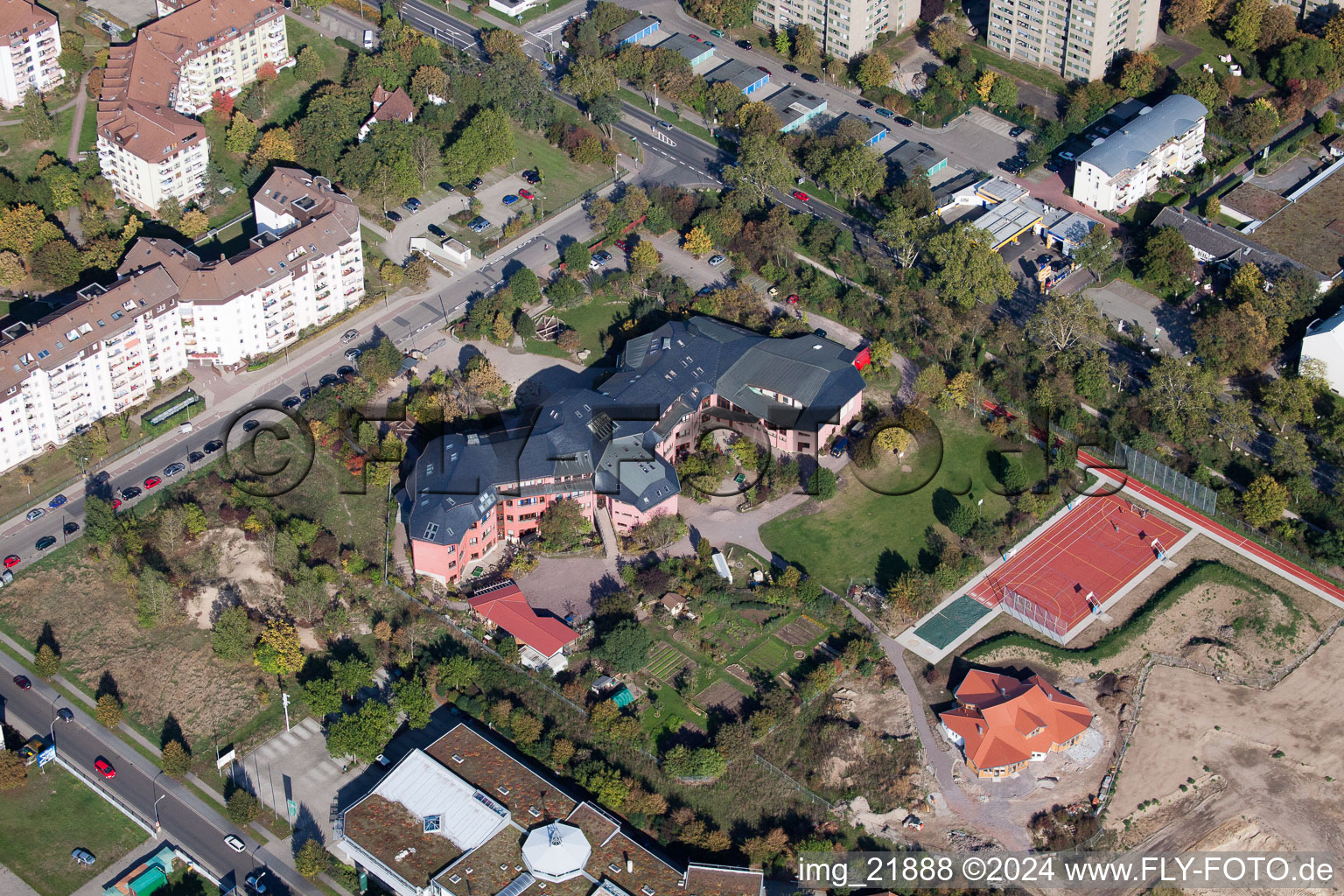 Aerial view of Free Waldorf School eV in Frankenthal in the state Rhineland-Palatinate, Germany