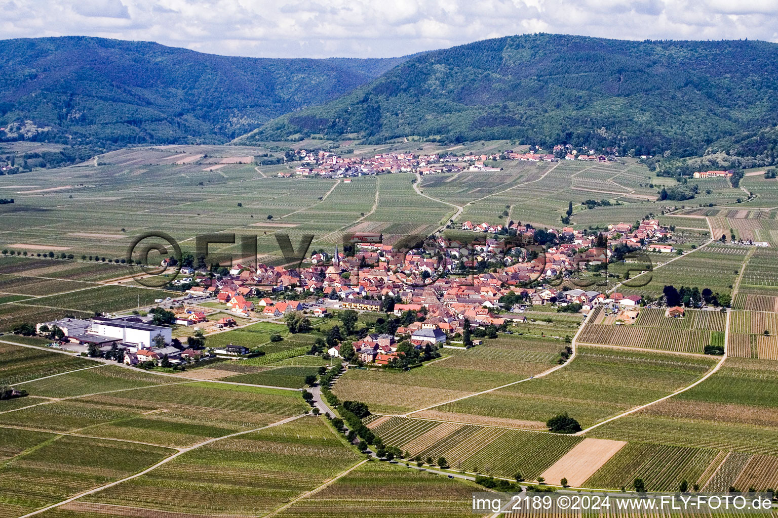 Aerial view of Village - view on the edge of agricultural fields and farmland in Rhodt in the state Rhineland-Palatinate