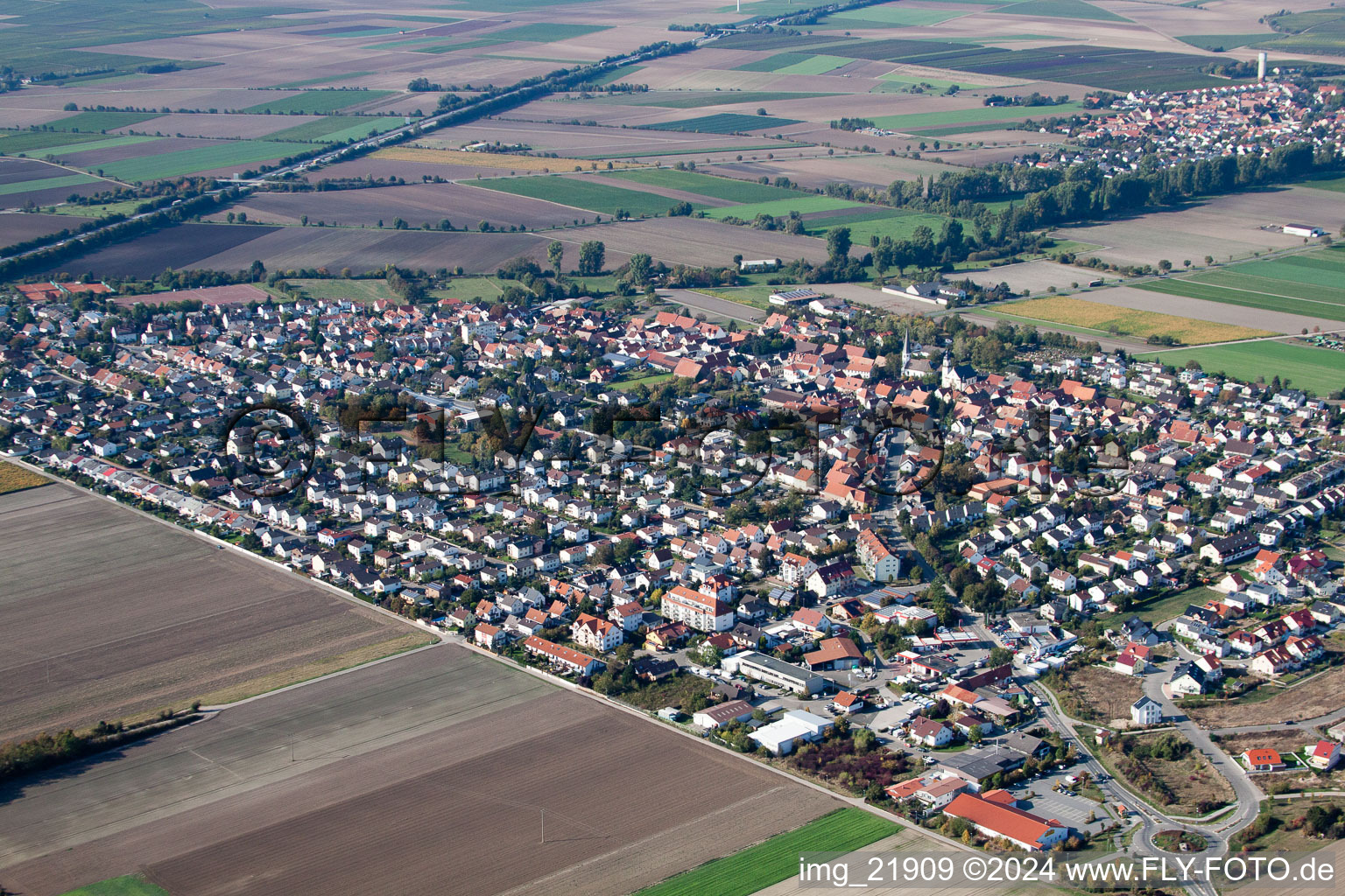 Aerial view of Village view in Beindersheim in the state Rhineland-Palatinate, Germany