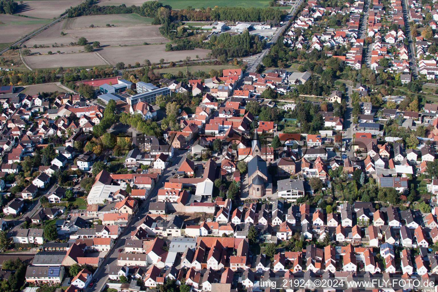 Aerial photograpy of Town View of the streets and houses of the residential areas in Bobenheim-Roxheim in the state Rhineland-Palatinate