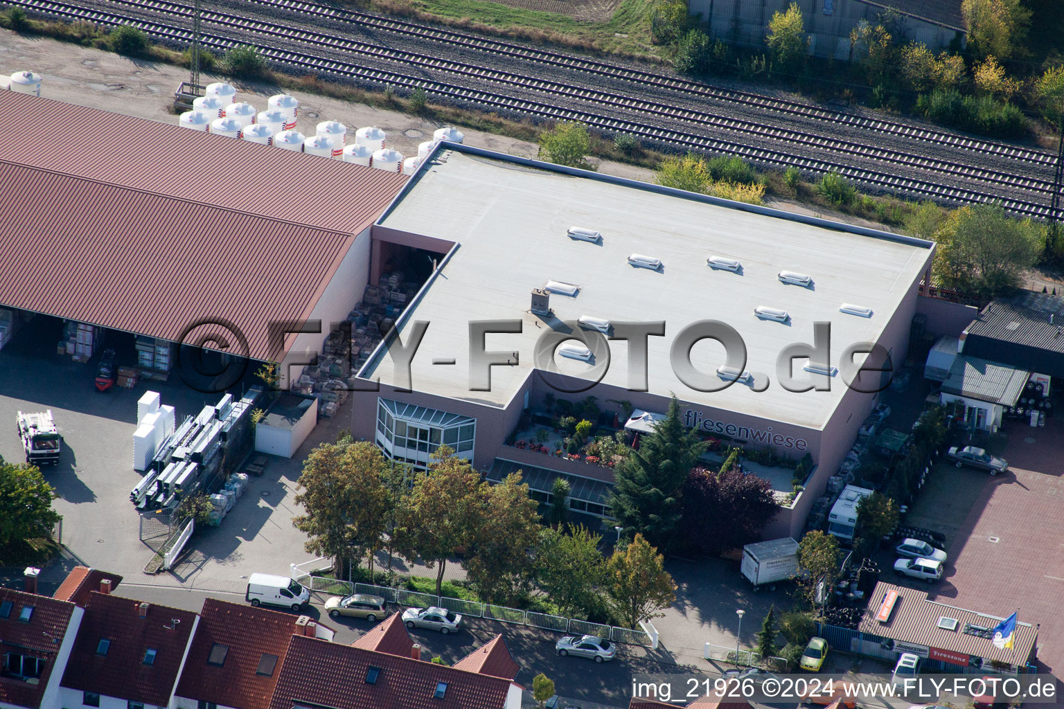 Oblique view of Commercial area in the district Bobenheim in Bobenheim-Roxheim in the state Rhineland-Palatinate, Germany