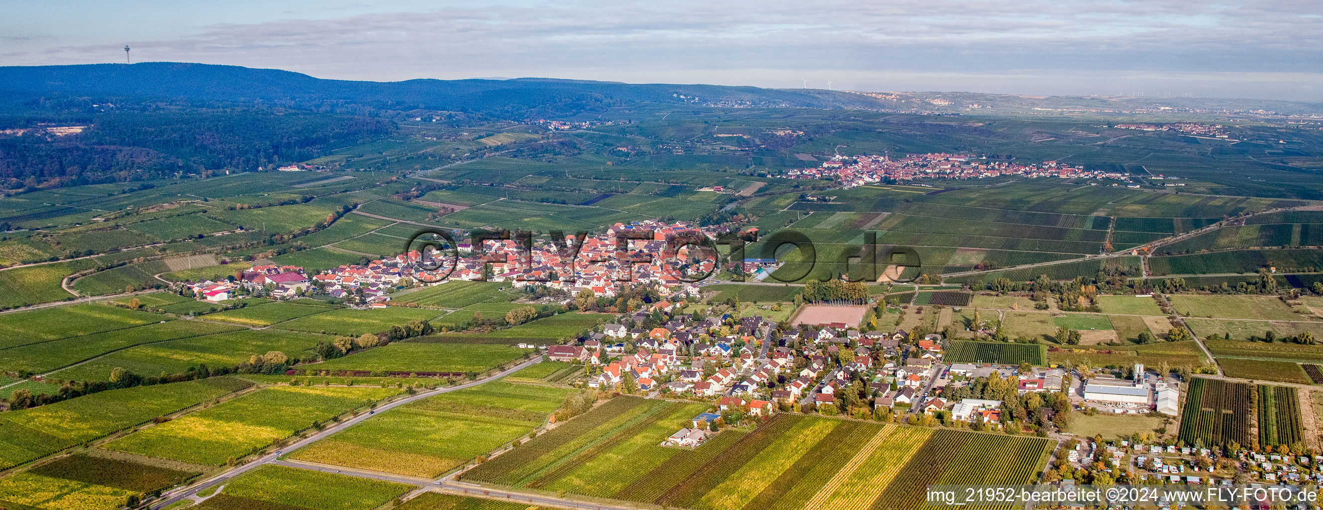 Panoramic perspective Village - view on the edge of wne yards and fields and farmland in Kallstadt in the state Rhineland-Palatinate, Germany