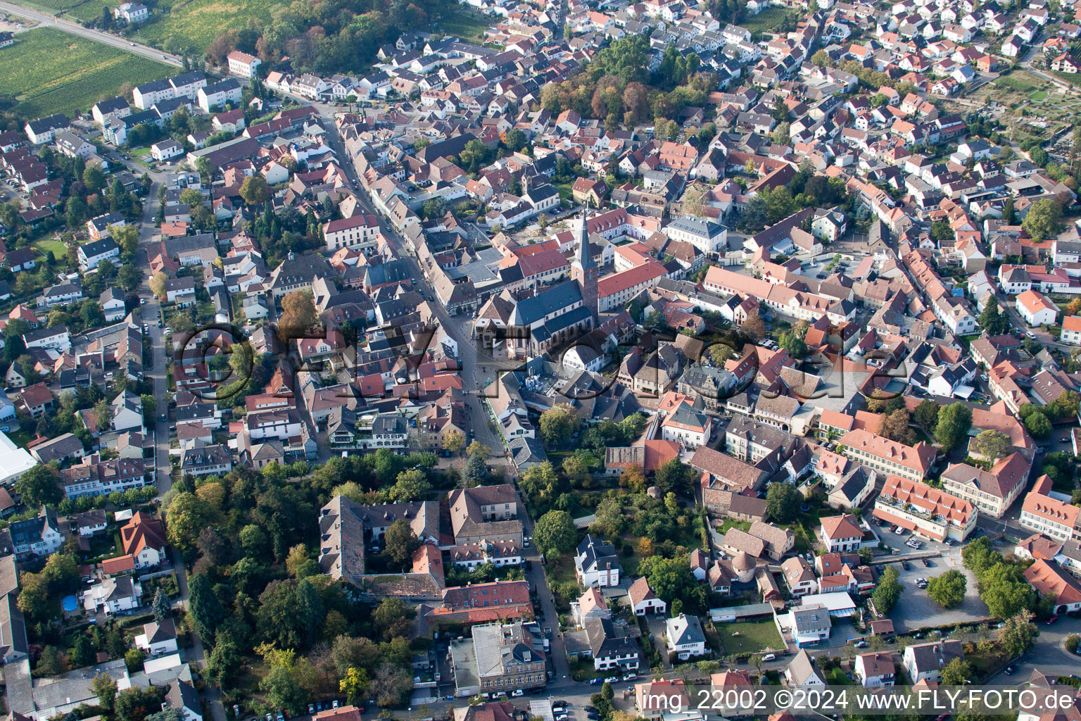 Aerial view of Old Town area and city center in Deidesheim in the state Rhineland-Palatinate