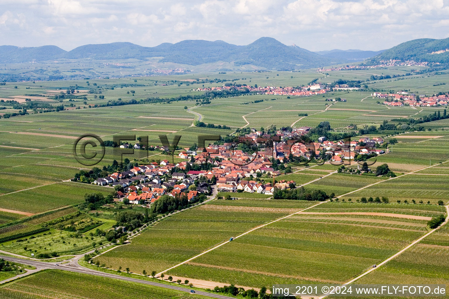 Aerial view of Village - view on the edge of wine yards in Roschbach in the state Rhineland-Palatinate, Germany fields and farml