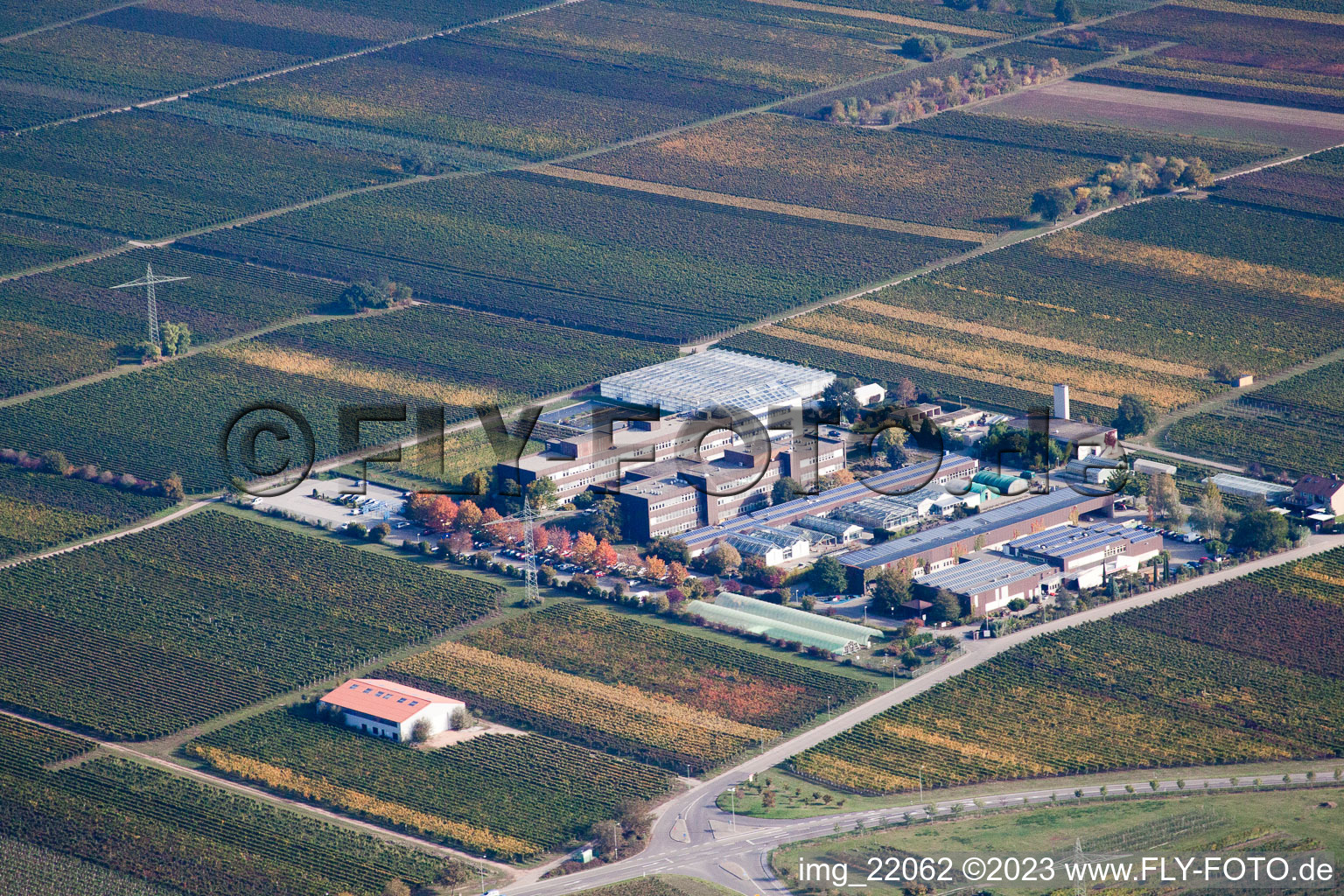 Aerial photograpy of RLP Agroscience in the district Mußbach in Neustadt an der Weinstraße in the state Rhineland-Palatinate, Germany
