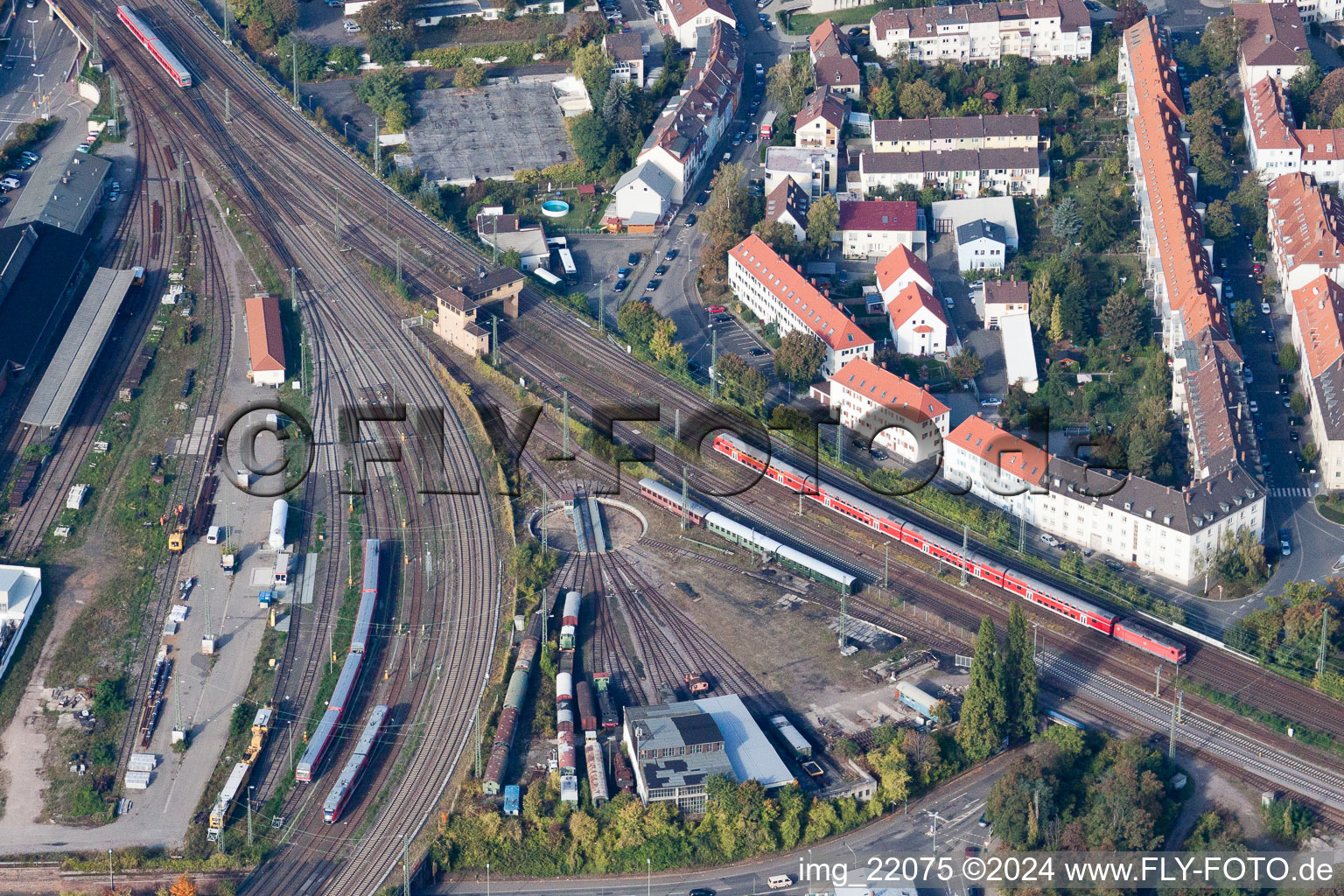 Aerial view of Routing the railway junction of rail and track systems Deutsche Bahn in Neustadt an der Weinstrasse in the state Rhineland-Palatinate