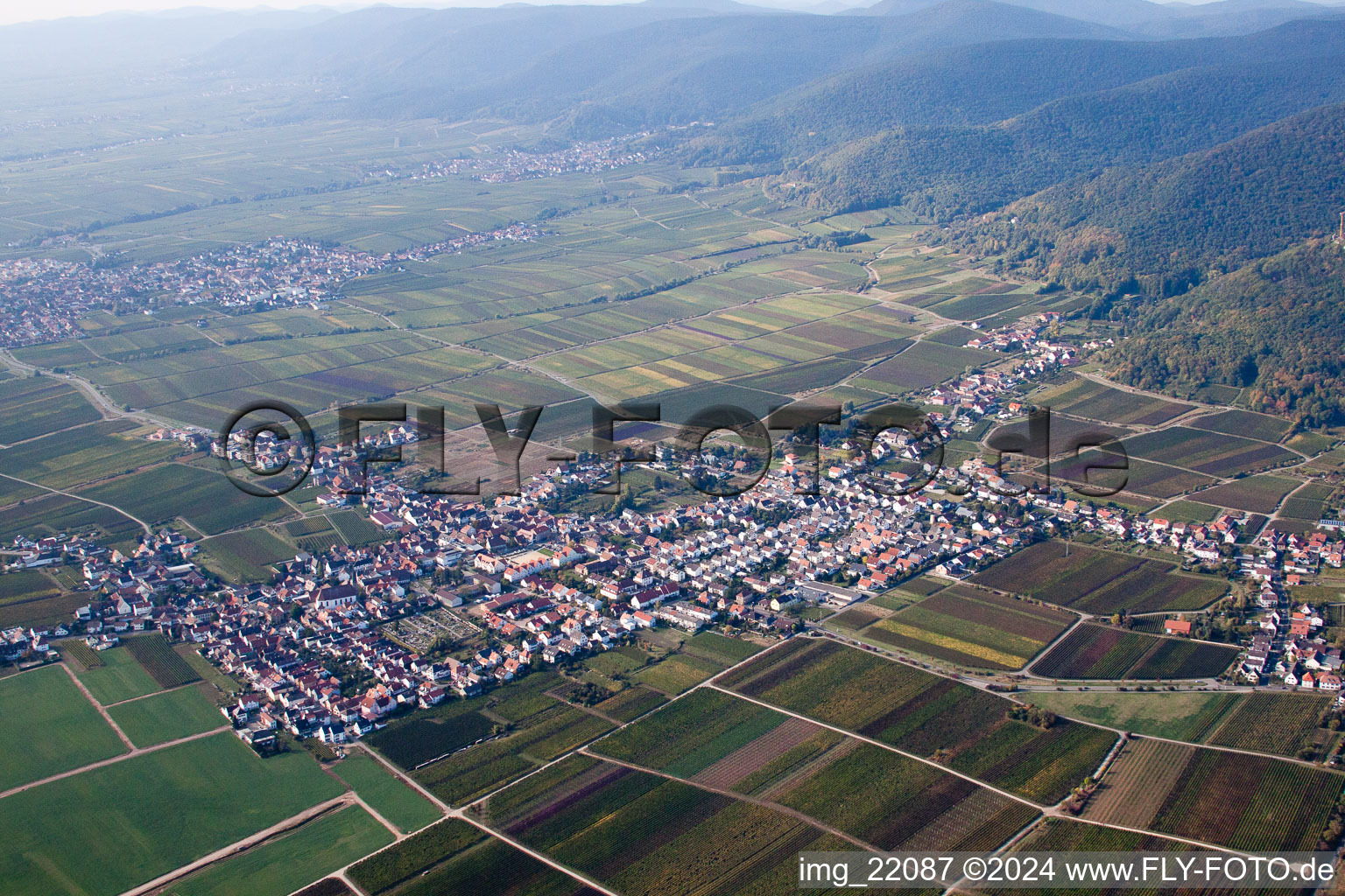 Village - view on the edge of agricultural fields and farmland in Neustadt an der Weinstrasse in the state Rhineland-Palatinate