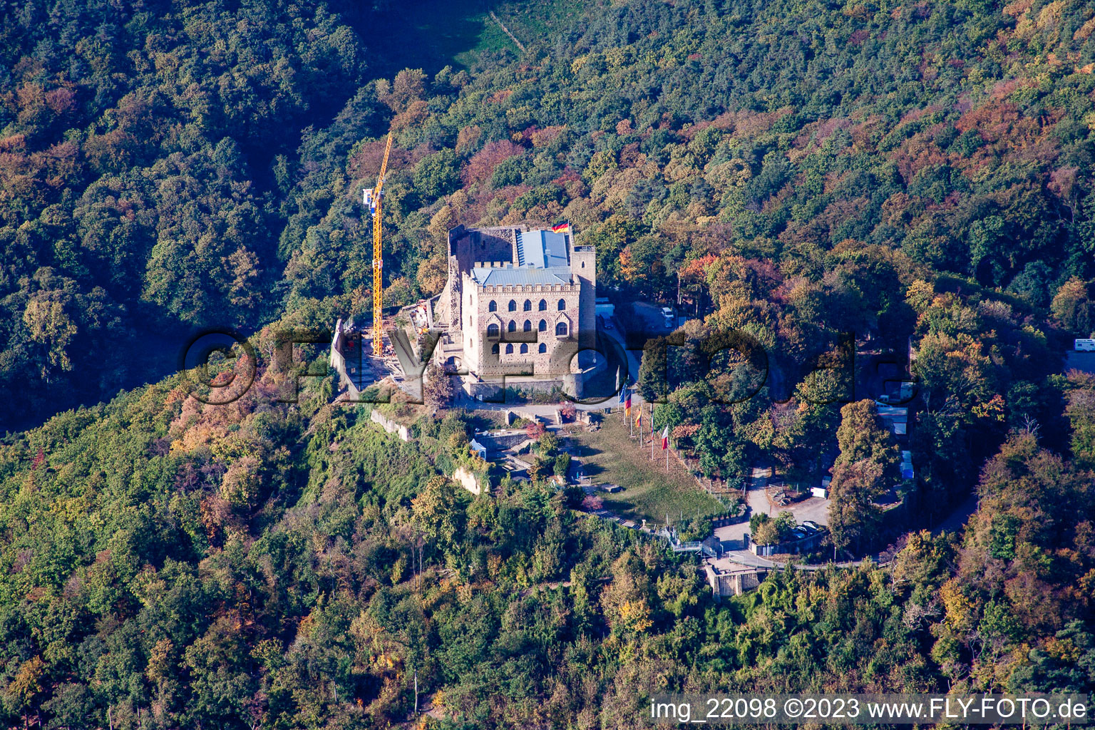 Aerial photograpy of Hambach Castle in the district Hambach an der Weinstraße in Neustadt an der Weinstraße in the state Rhineland-Palatinate, Germany