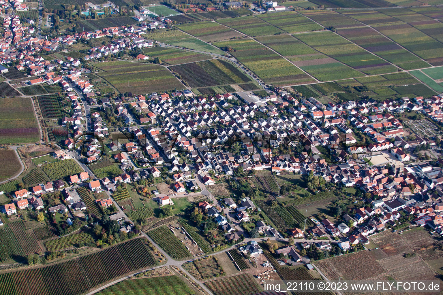 District Diedesfeld in Neustadt an der Weinstraße in the state Rhineland-Palatinate, Germany seen from above