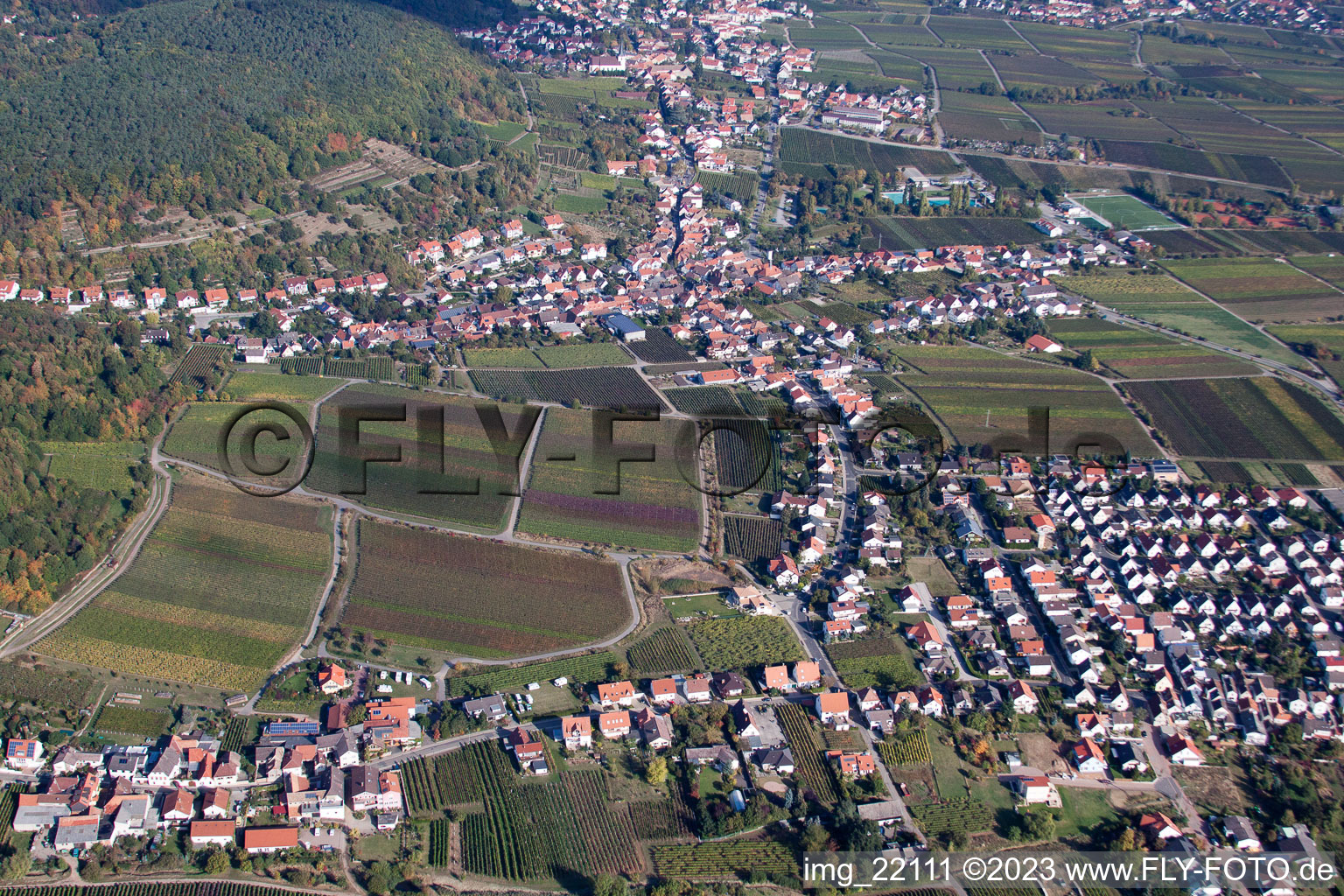 Oblique view of District Diedesfeld in Neustadt an der Weinstraße in the state Rhineland-Palatinate, Germany