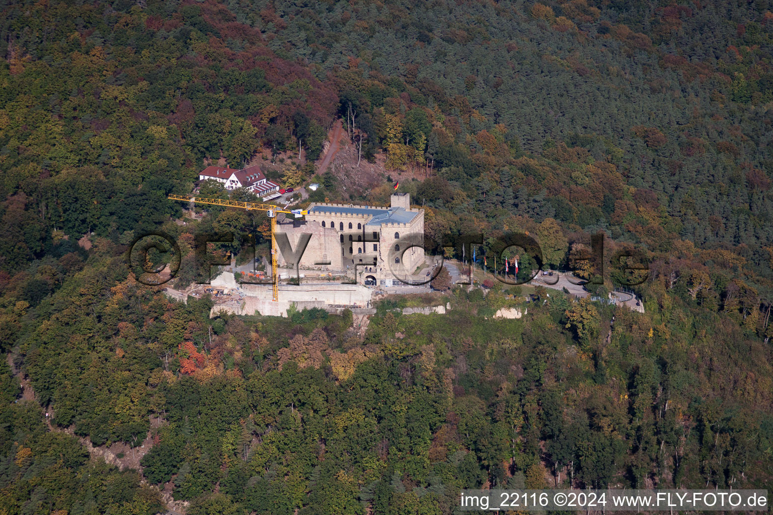 Aerial view of Castle of Schloss Hambacher Schloss in Neustadt an der Weinstrasse in the state Rhineland-Palatinate, Germany