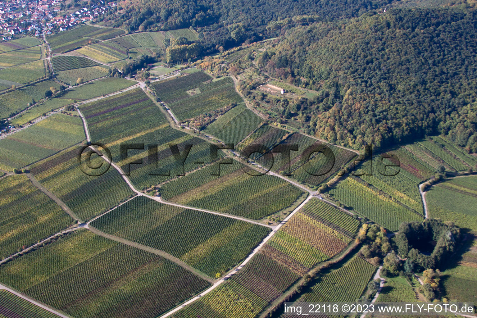 District Diedesfeld in Neustadt an der Weinstraße in the state Rhineland-Palatinate, Germany seen from above