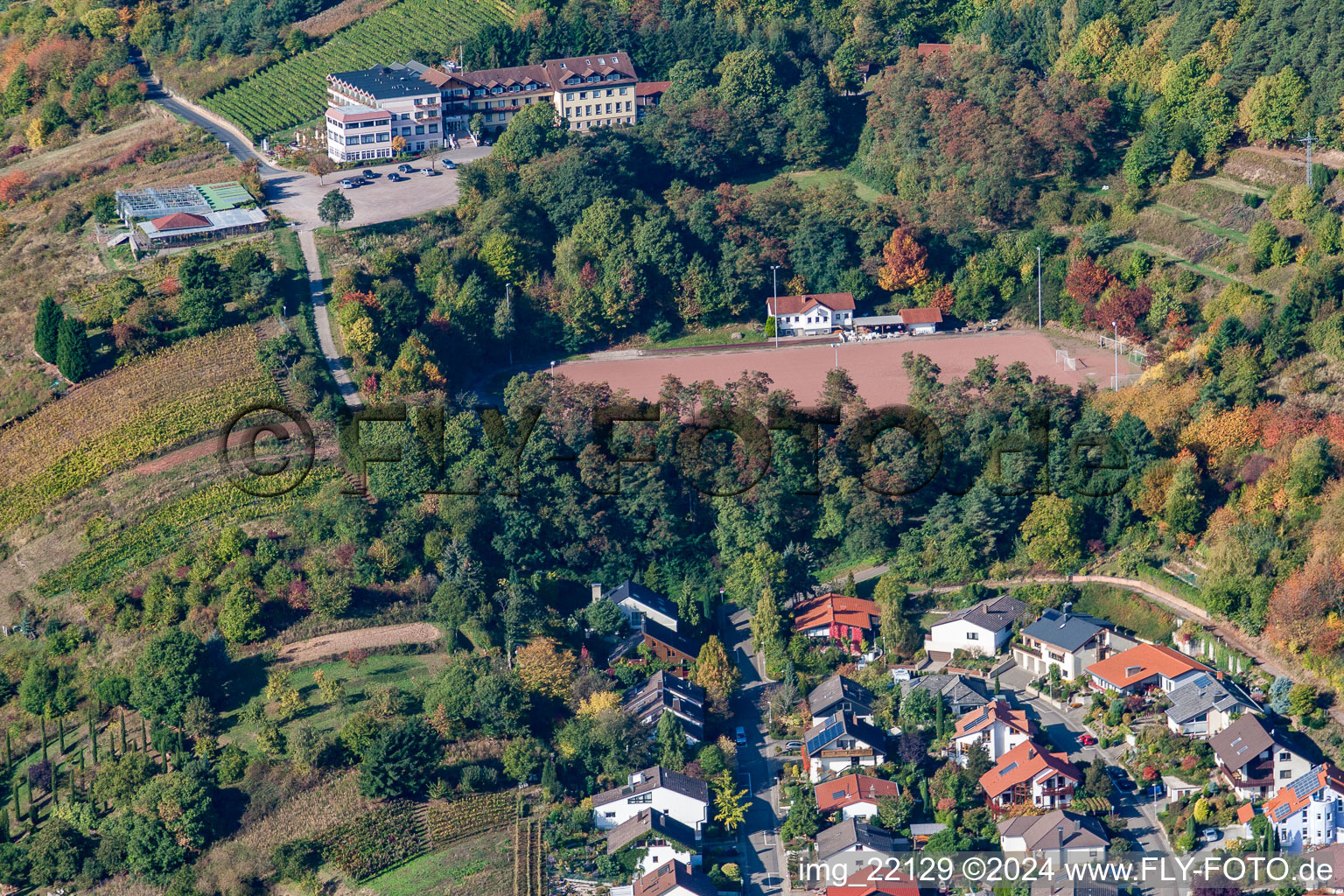 Aerial view of St. Martin Sports Field in the district SaintMartin in Sankt Martin in the state Rhineland-Palatinate, Germany