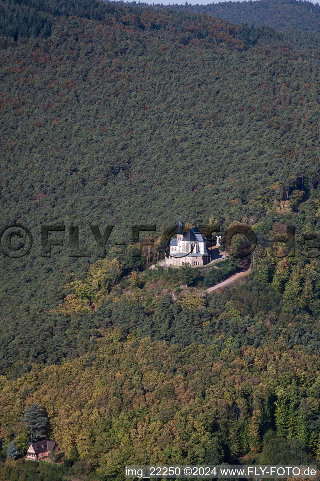 Aerial view of Anna Chapel in Burrweiler in the state Rhineland-Palatinate, Germany