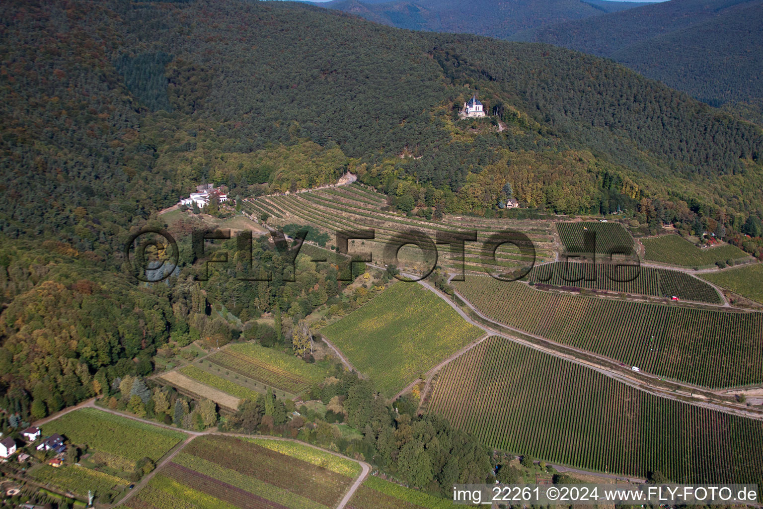 Aerial photograpy of Anna Chapel in Burrweiler in the state Rhineland-Palatinate, Germany