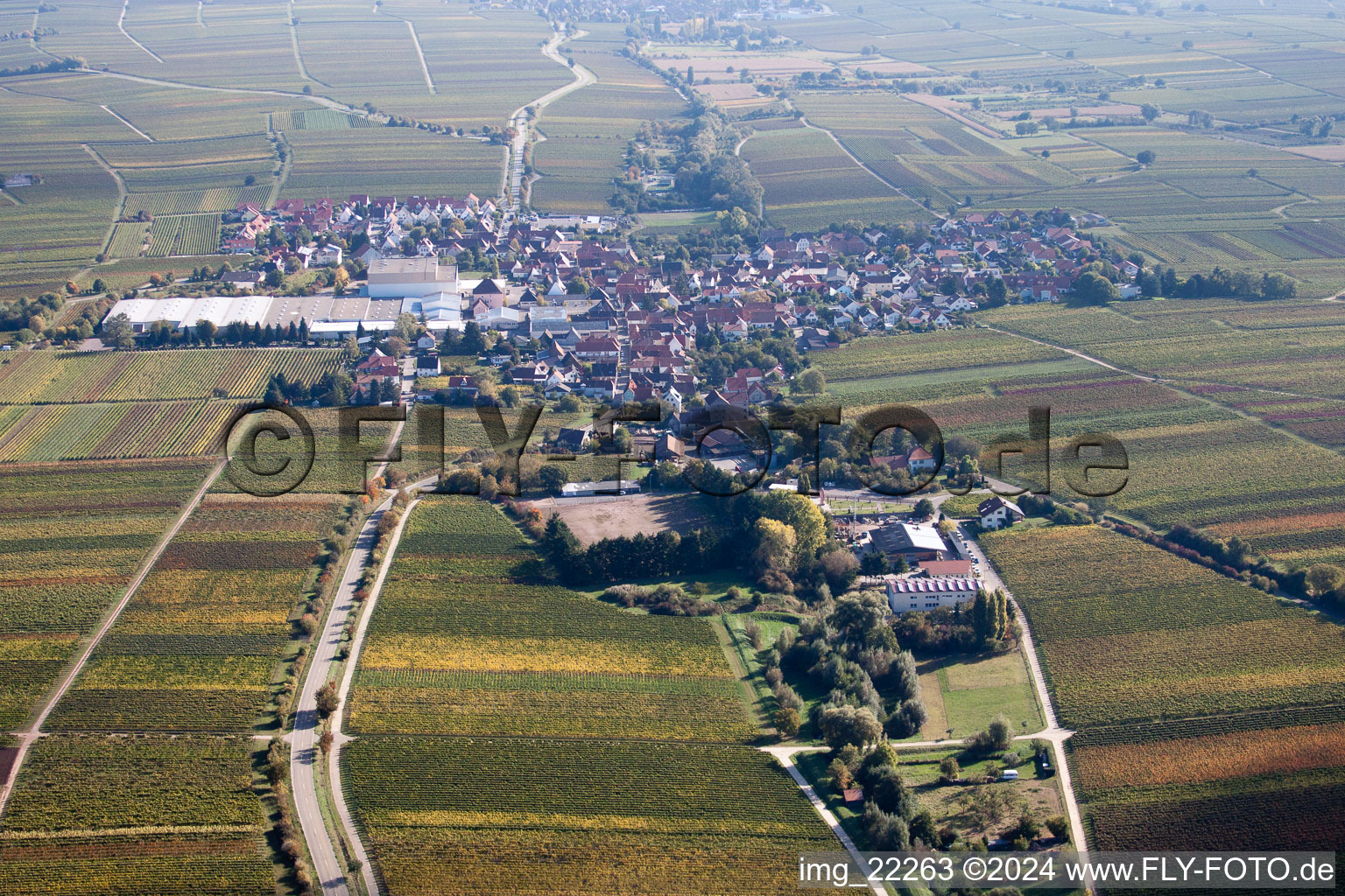 Aerial view of Town View of the streets and houses of the residential areas in Boechingen in the state Rhineland-Palatinate