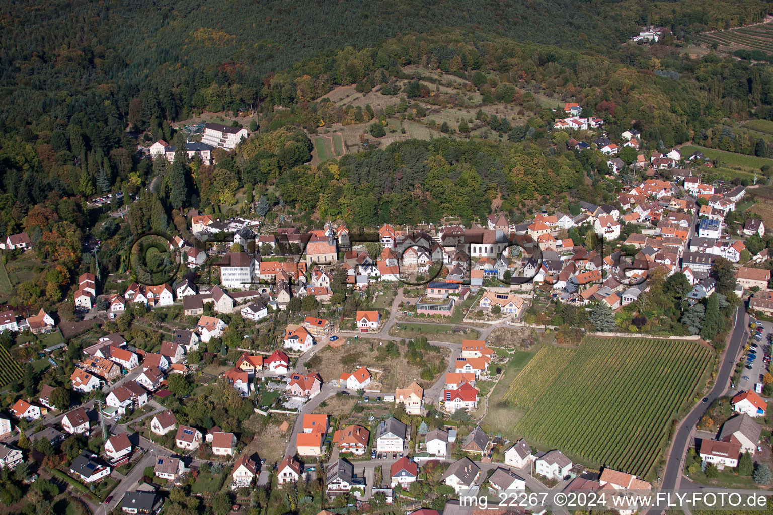 Oblique view of Village - view on the edge of agricultural fields and farmland in Gleisweiler in the state Rhineland-Palatinate