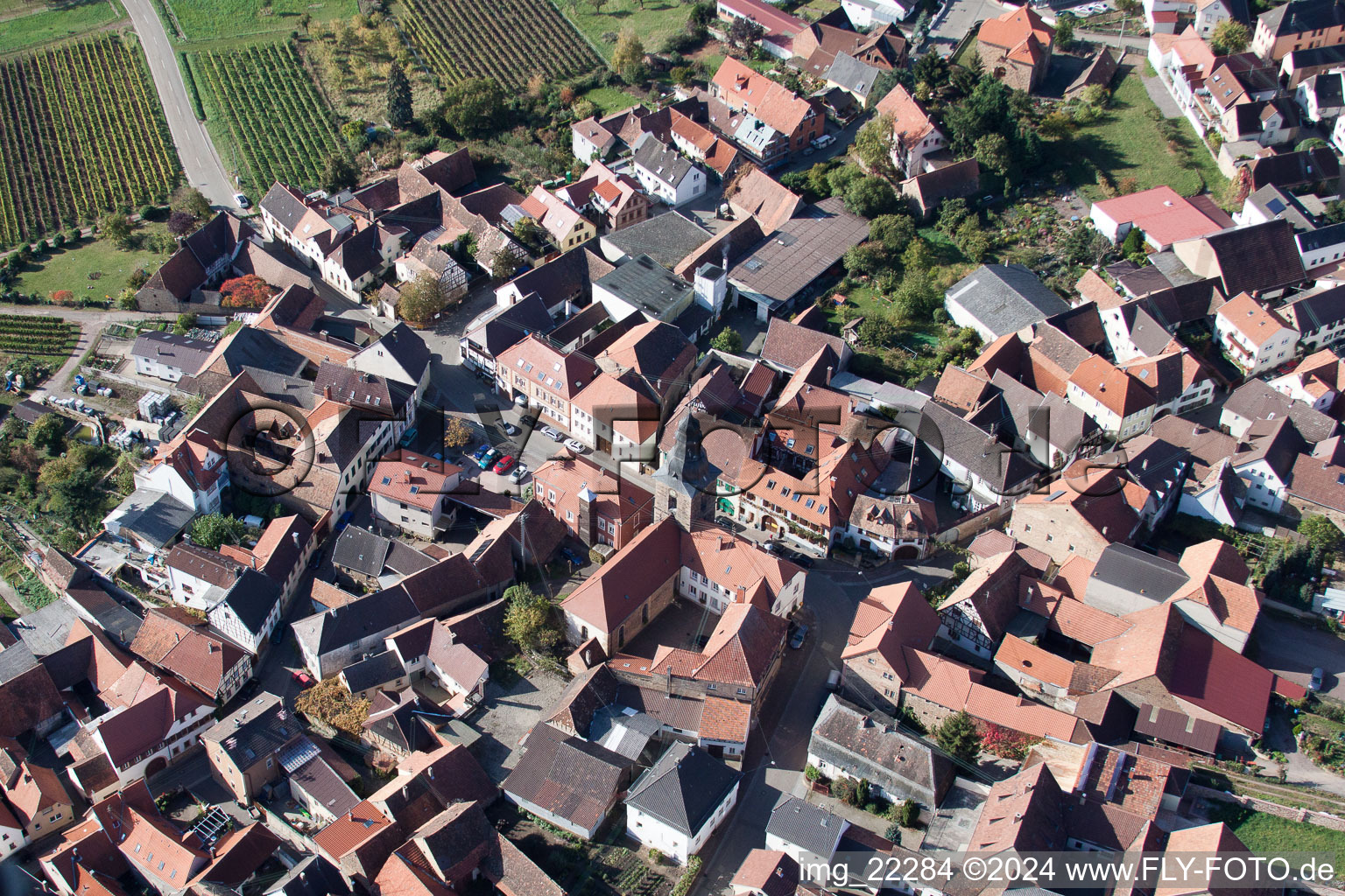 Aerial view of Church building in the village of in Frankweiler in the state Rhineland-Palatinate