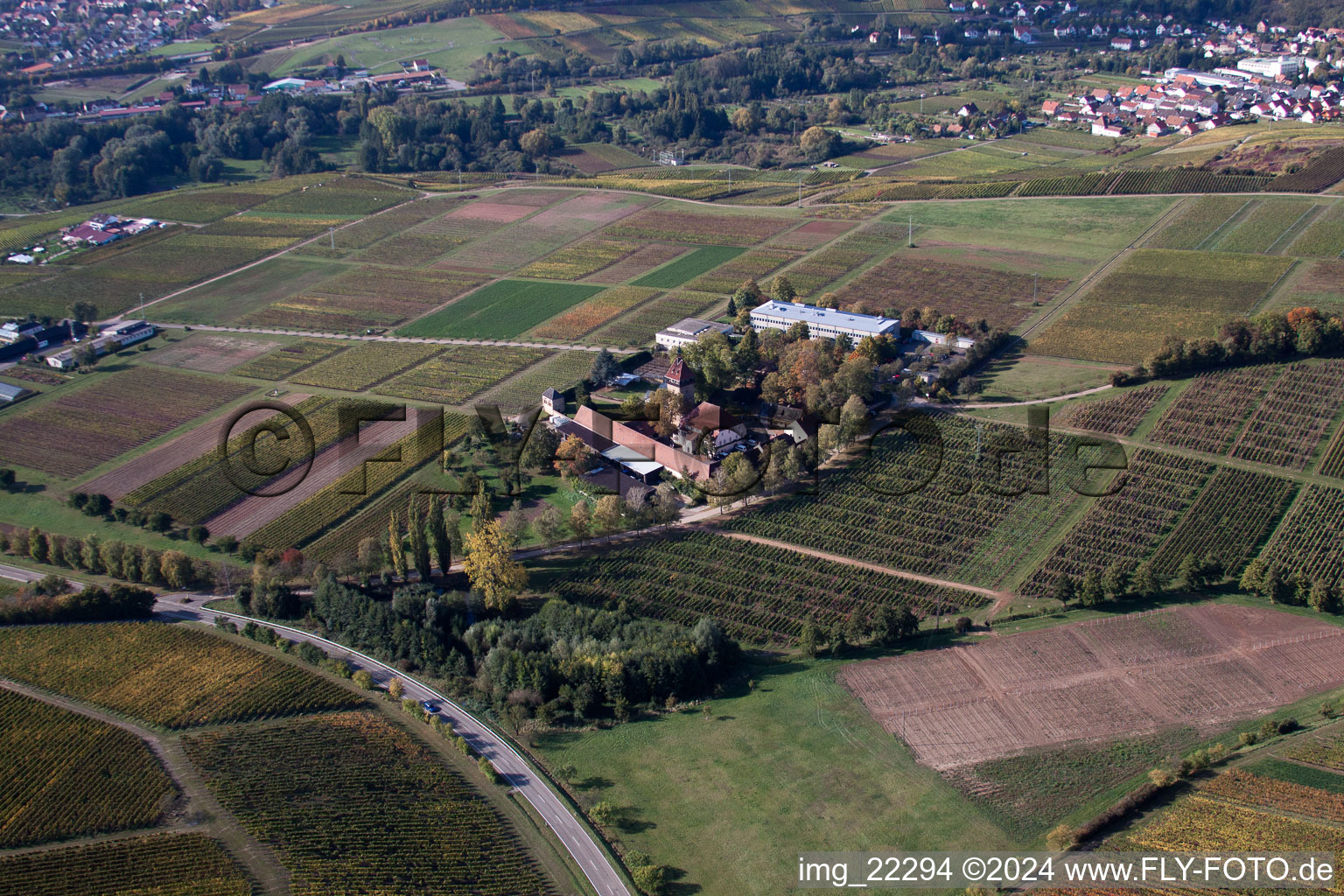 Aerial view of BFA-Geilweilerhof (Vine Research Institute) in Siebeldingen in the state Rhineland-Palatinate, Germany