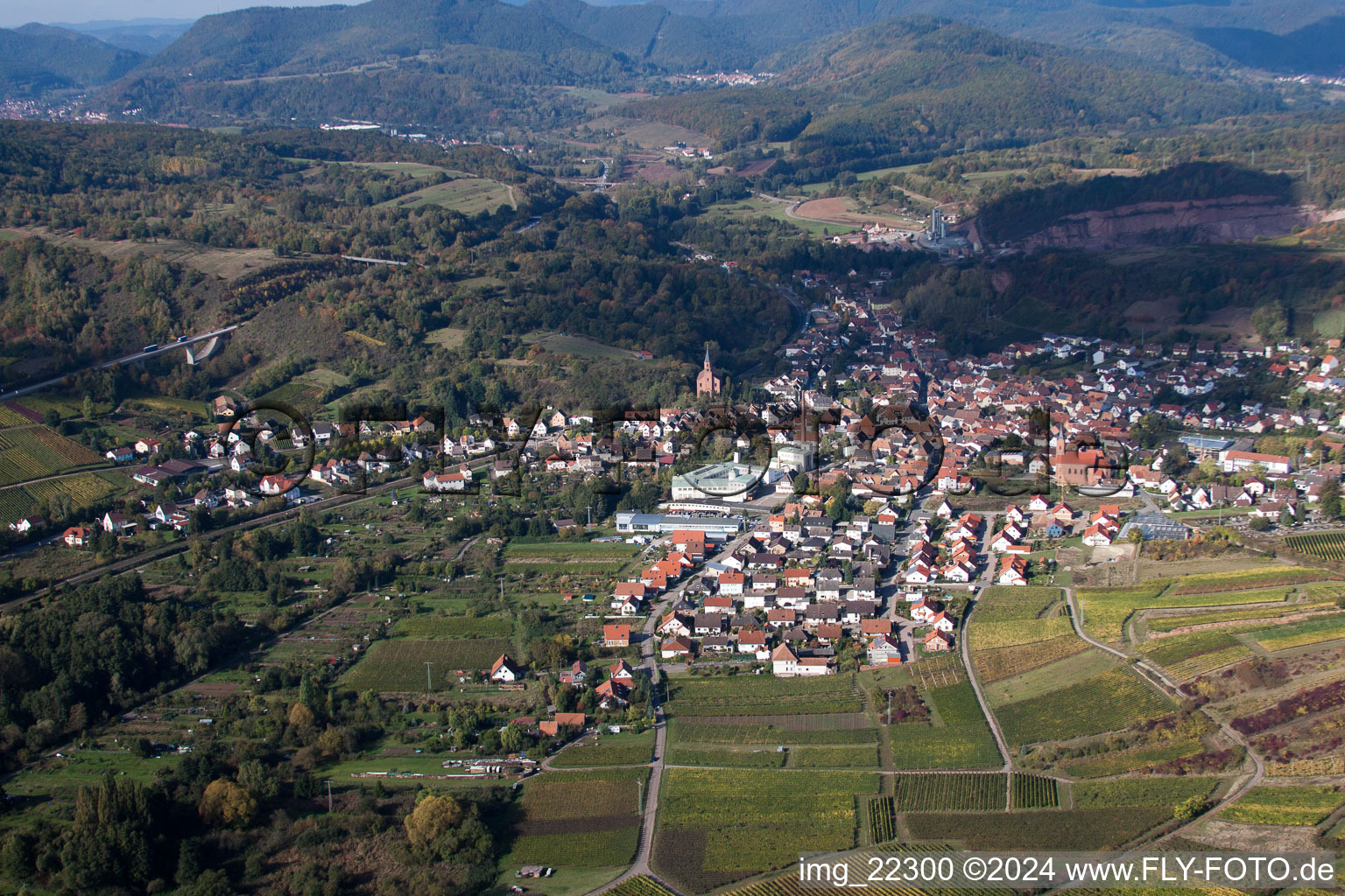Village view between palatinat mountains and wine yards in Albersweiler in the state Rhineland-Palatinate