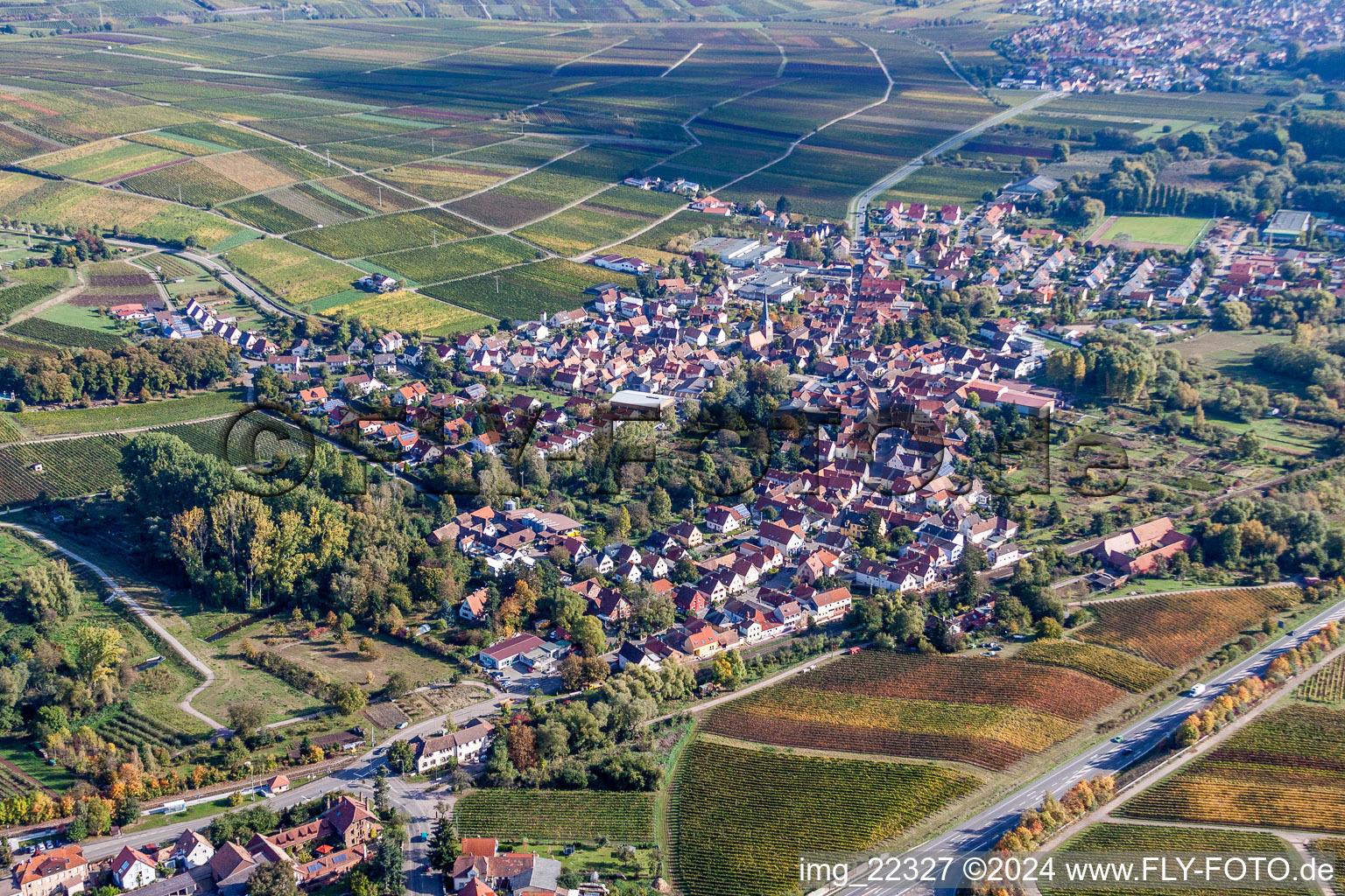 Aerial view of Town View of the streets and houses of the residential areas in Siebeldingen in the state Rhineland-Palatinate, Germany