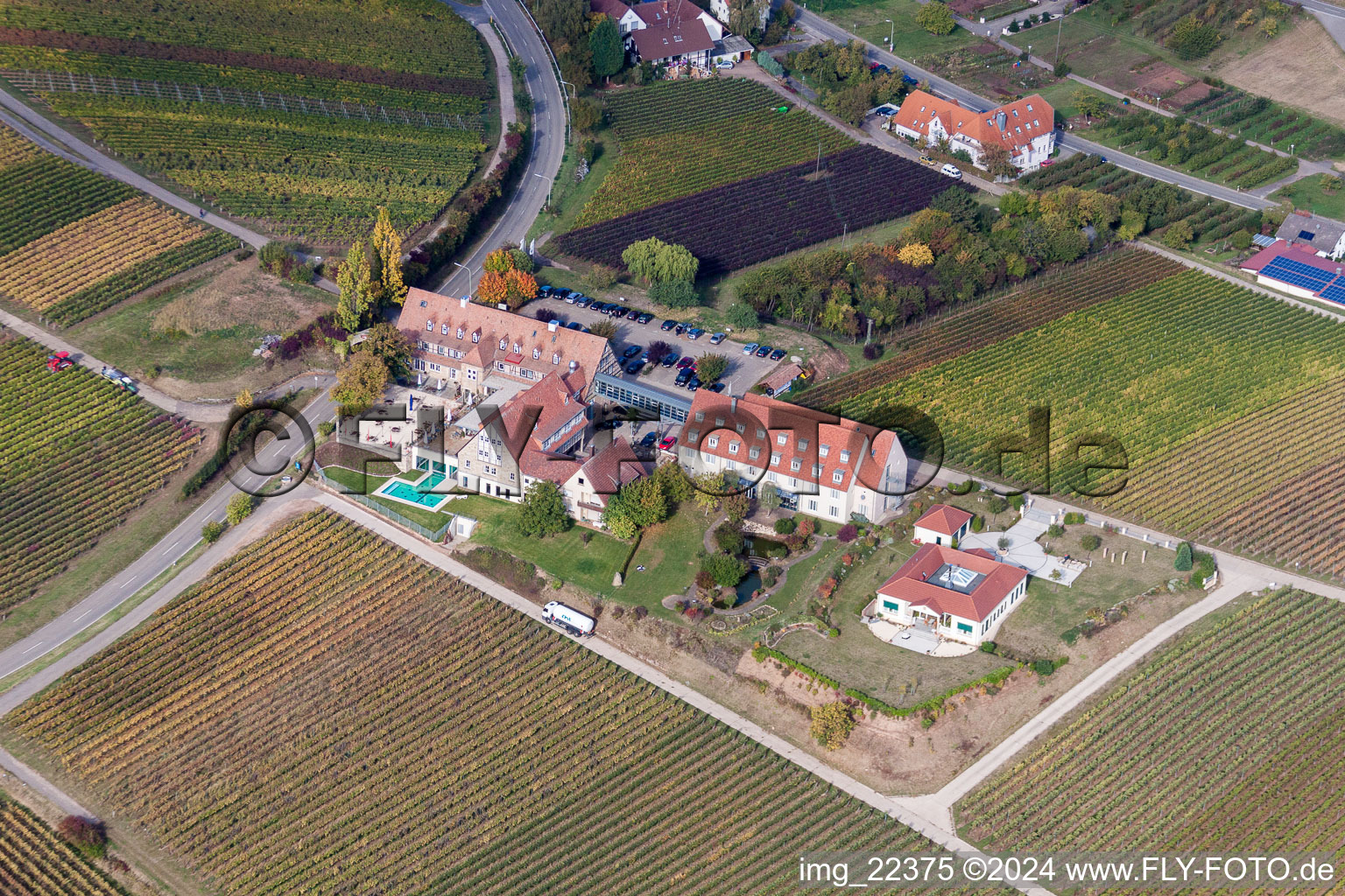 Complex of the hotel building Leinsweiler Hof in Leinsweiler in the state Rhineland-Palatinate, Germany from above