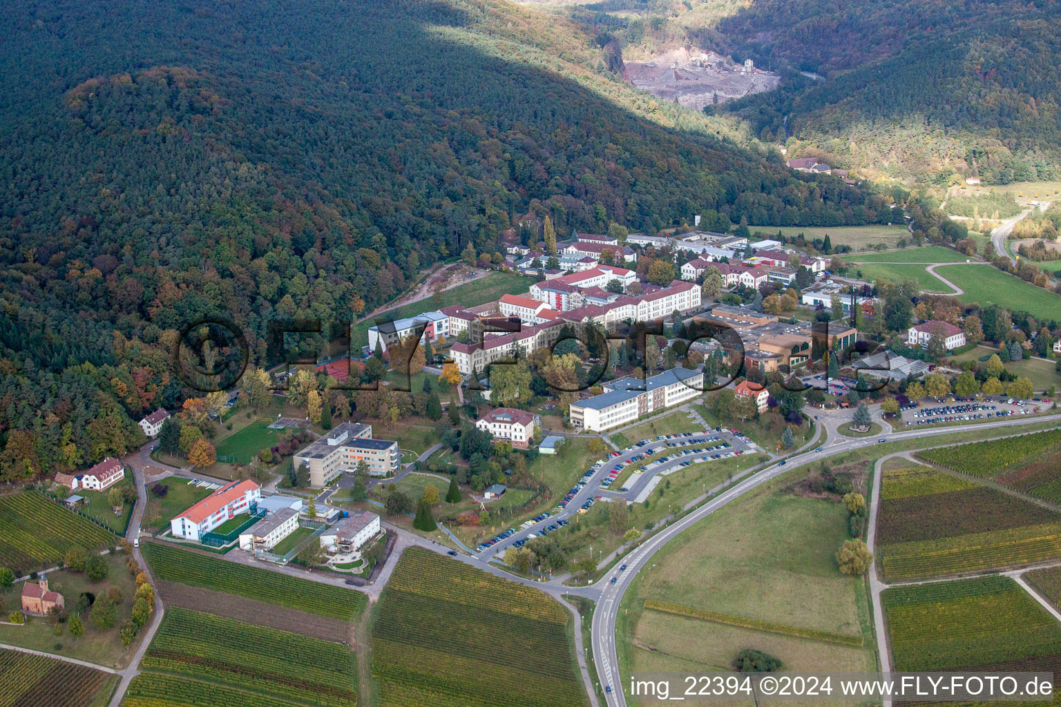 Aerial photograpy of Hospital grounds of the Clinic Klinik fuer Kinder-/Jugendpsychiatrie and -psychotherapie in the district Pfalzklinik Landeck in Klingenmuenster in the state Rhineland-Palatinate, Germany