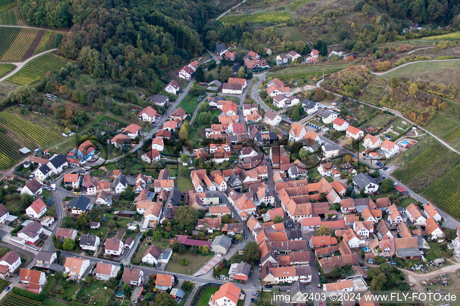 Village - view on the edge of agricultural fields and farmland in the district Gleishorbach in Gleiszellen-Gleishorbach in the state Rhineland-Palatinate