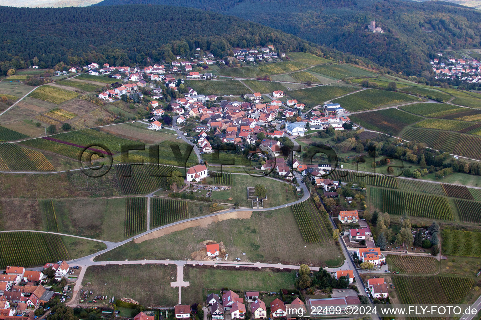 Aerial view of District Gleiszellen in Gleiszellen-Gleishorbach in the state Rhineland-Palatinate, Germany