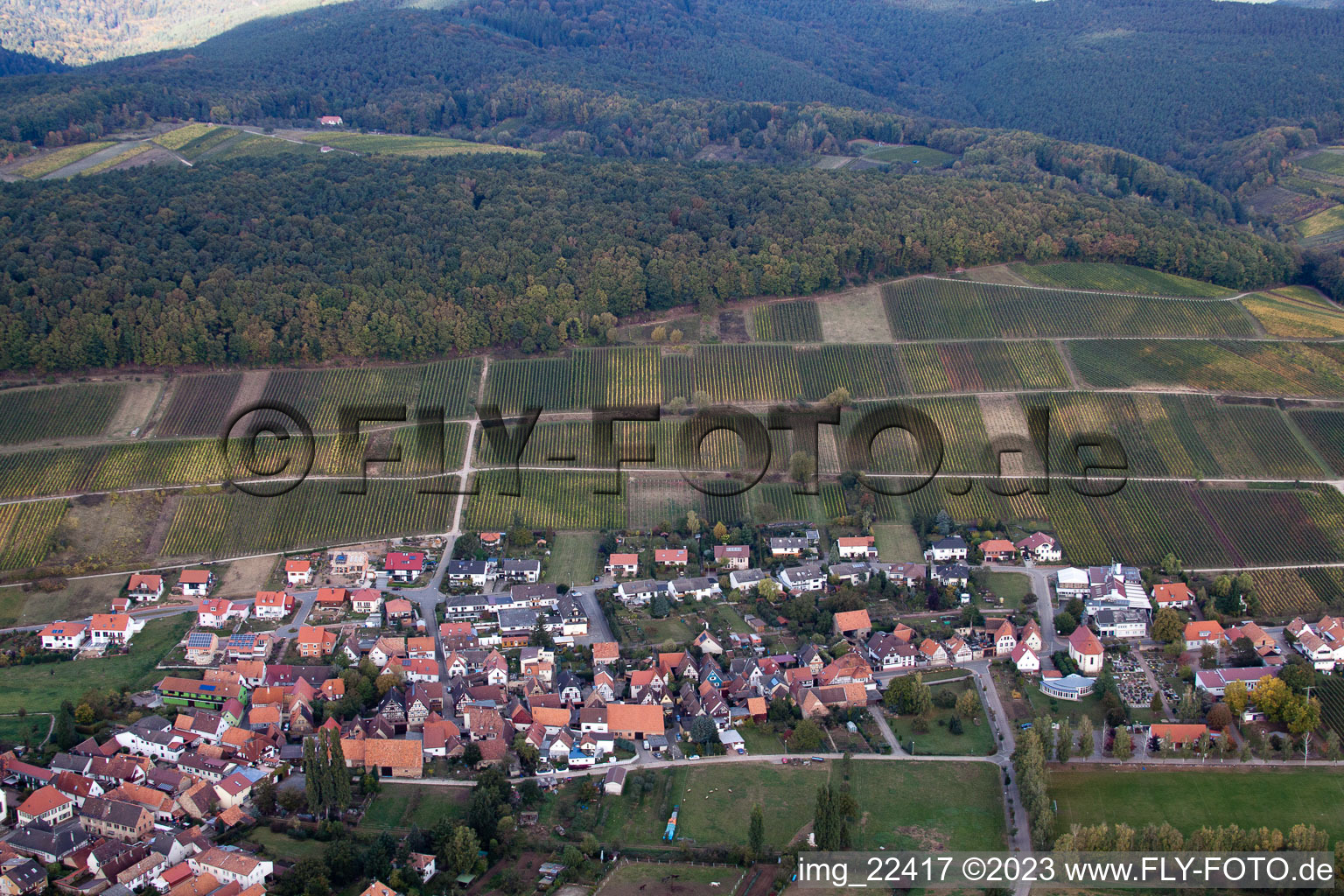 District Pleisweiler in Pleisweiler-Oberhofen in the state Rhineland-Palatinate, Germany from the plane