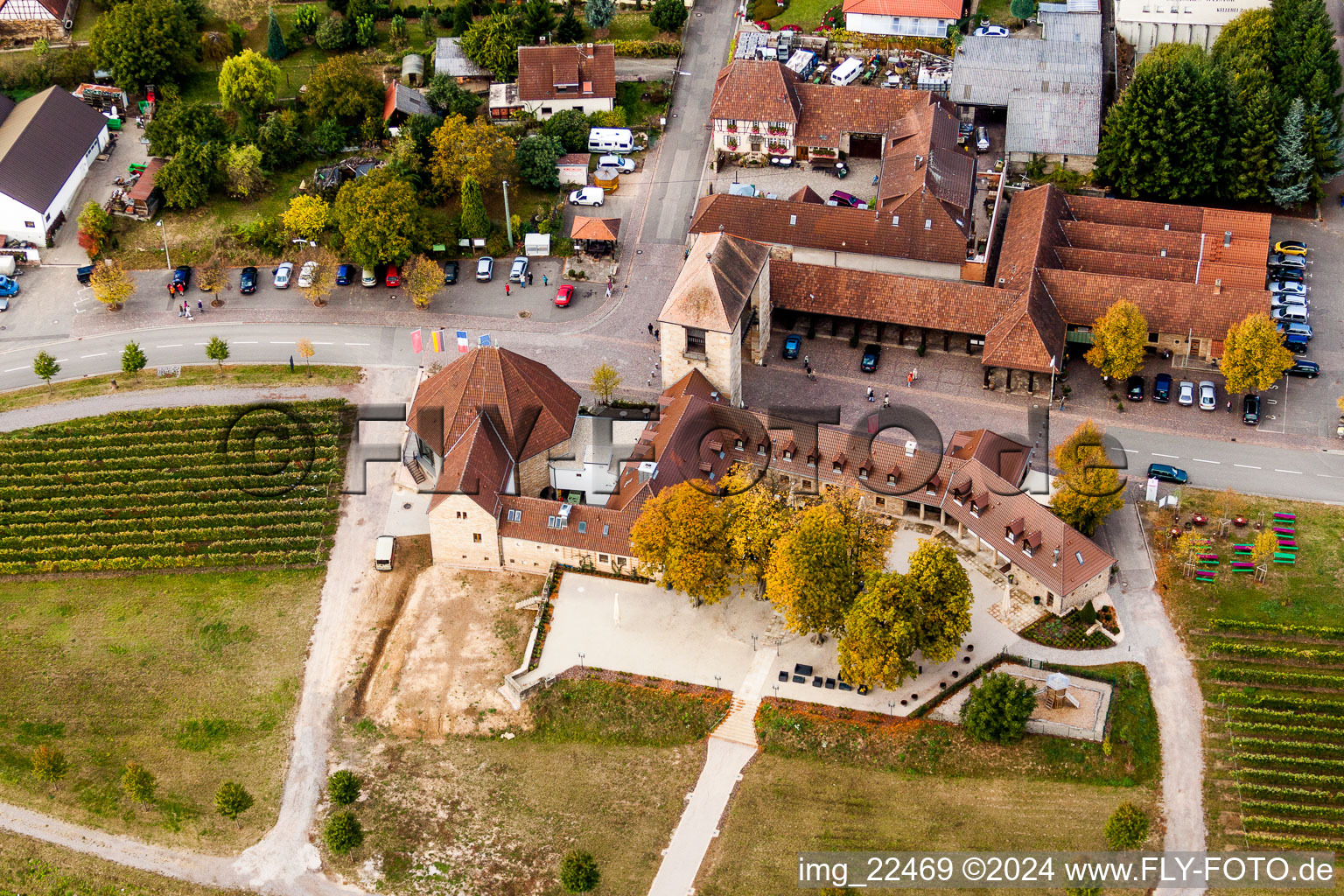 District Schweigen in Schweigen-Rechtenbach in the state Rhineland-Palatinate, Germany seen from above