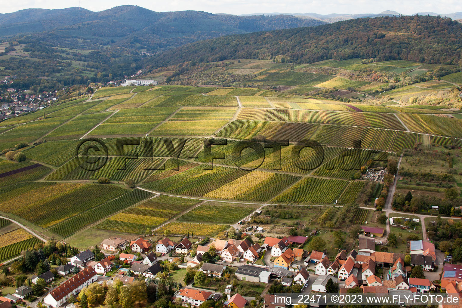 Sonnenberg in the district Schweigen in Schweigen-Rechtenbach in the state Rhineland-Palatinate, Germany viewn from the air